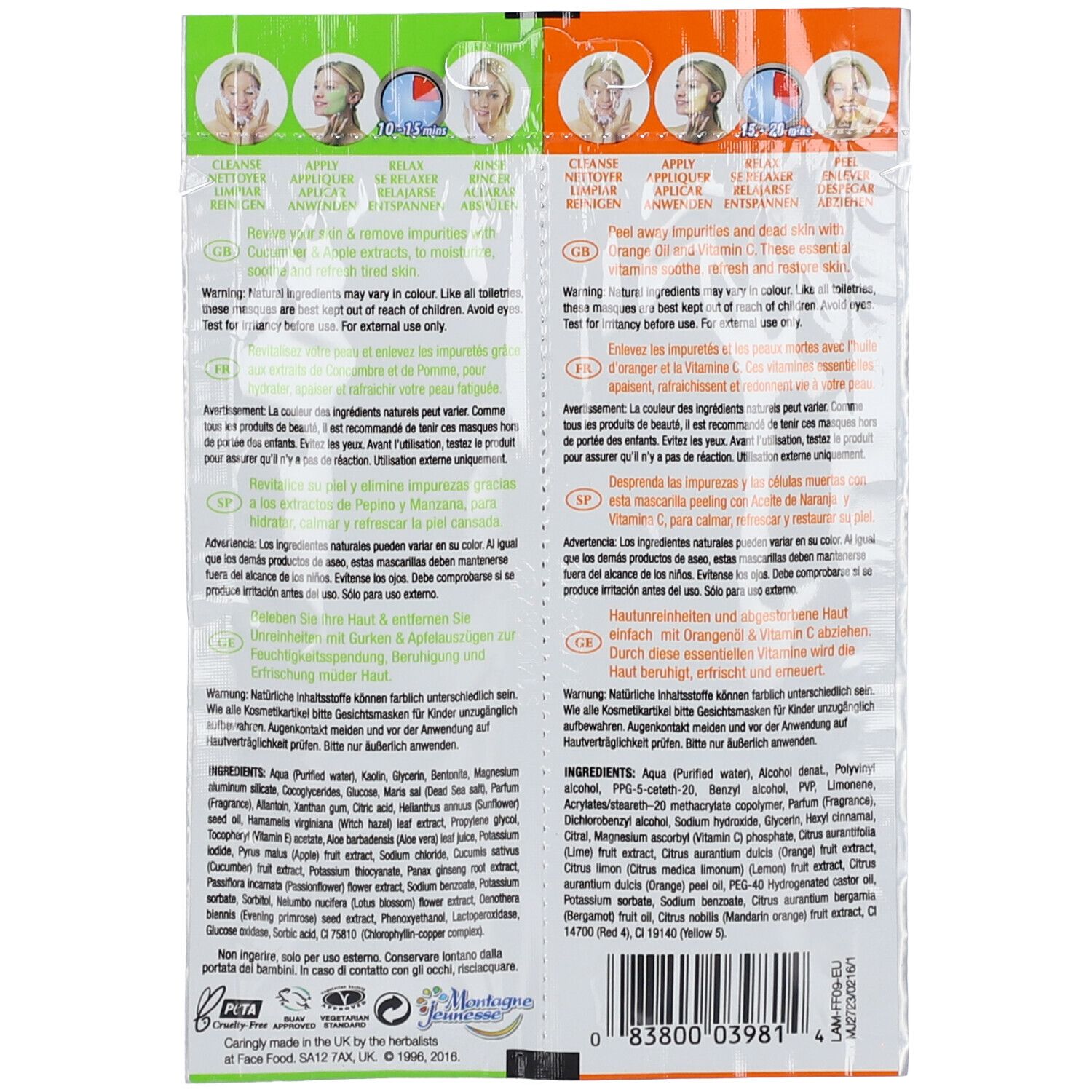 Dos des sachets de masques. Texte multilingue. Ingrédients, instructions et avertissements.