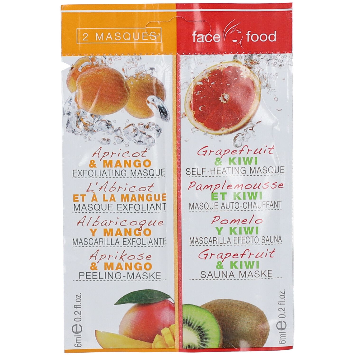 Deux sachets de masques. Gauche : Abricot & Mangue. Droite : Pamplemousse & Kiwi. Inscriptions multilingues.