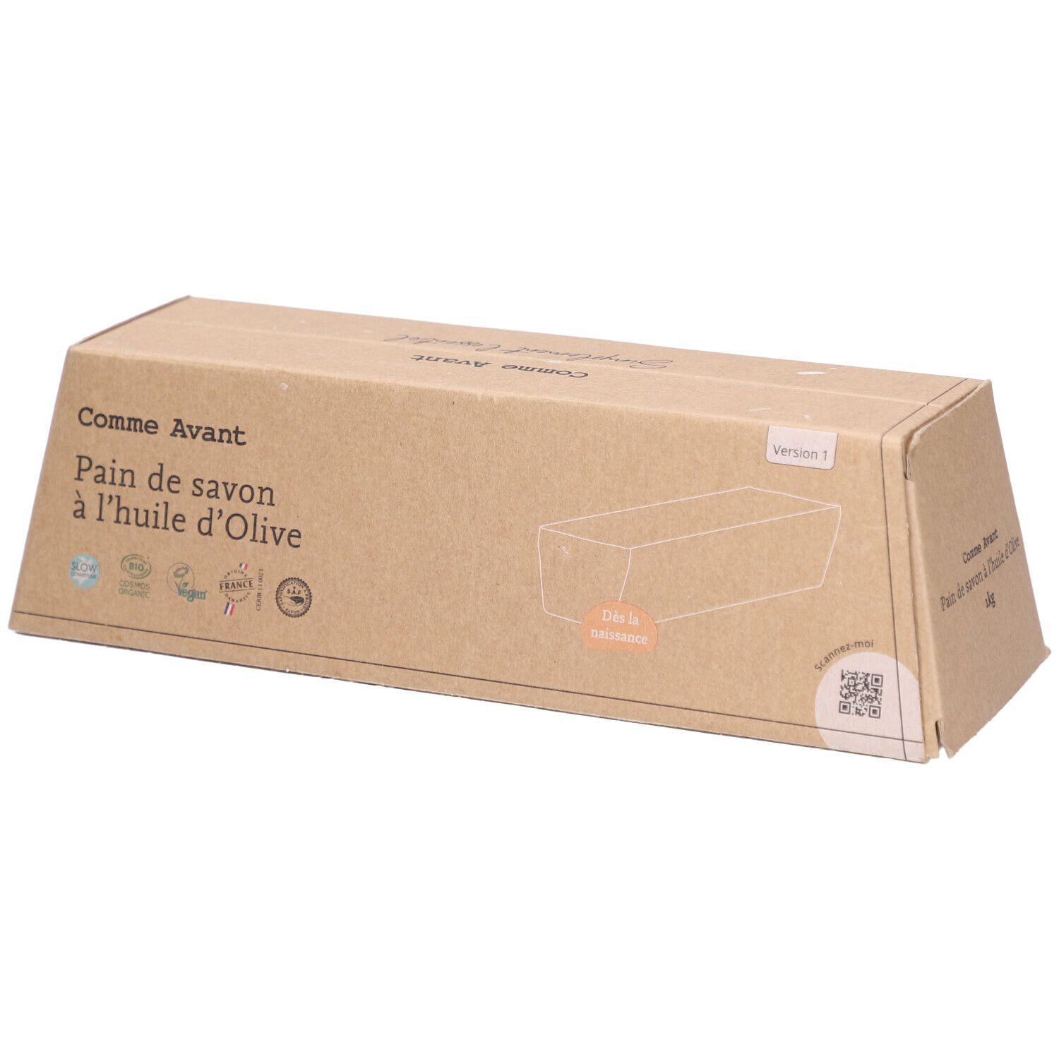 Emballage en carton "Comme Avant Pain de savon à l'huile d'Olive". Logos bio et QR code. Version 1.