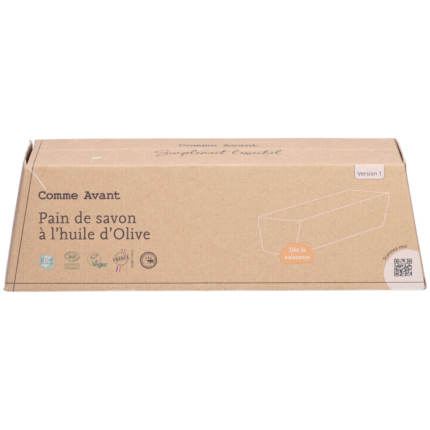 Emballage en carton "Comme Avant Pain de savon à l'huile d'Olive". Logos bio et QR code. Version 1.
