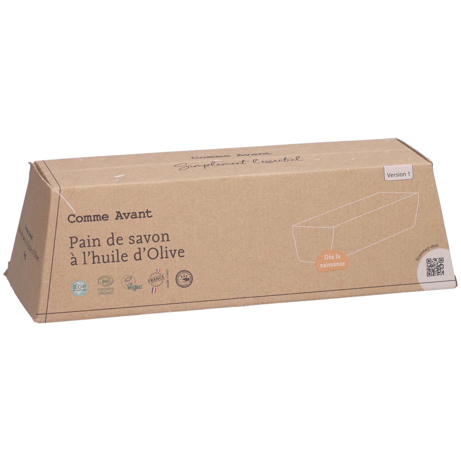 Emballage en carton "Comme Avant Pain de savon à l'huile d'Olive". Logos bio et QR code.