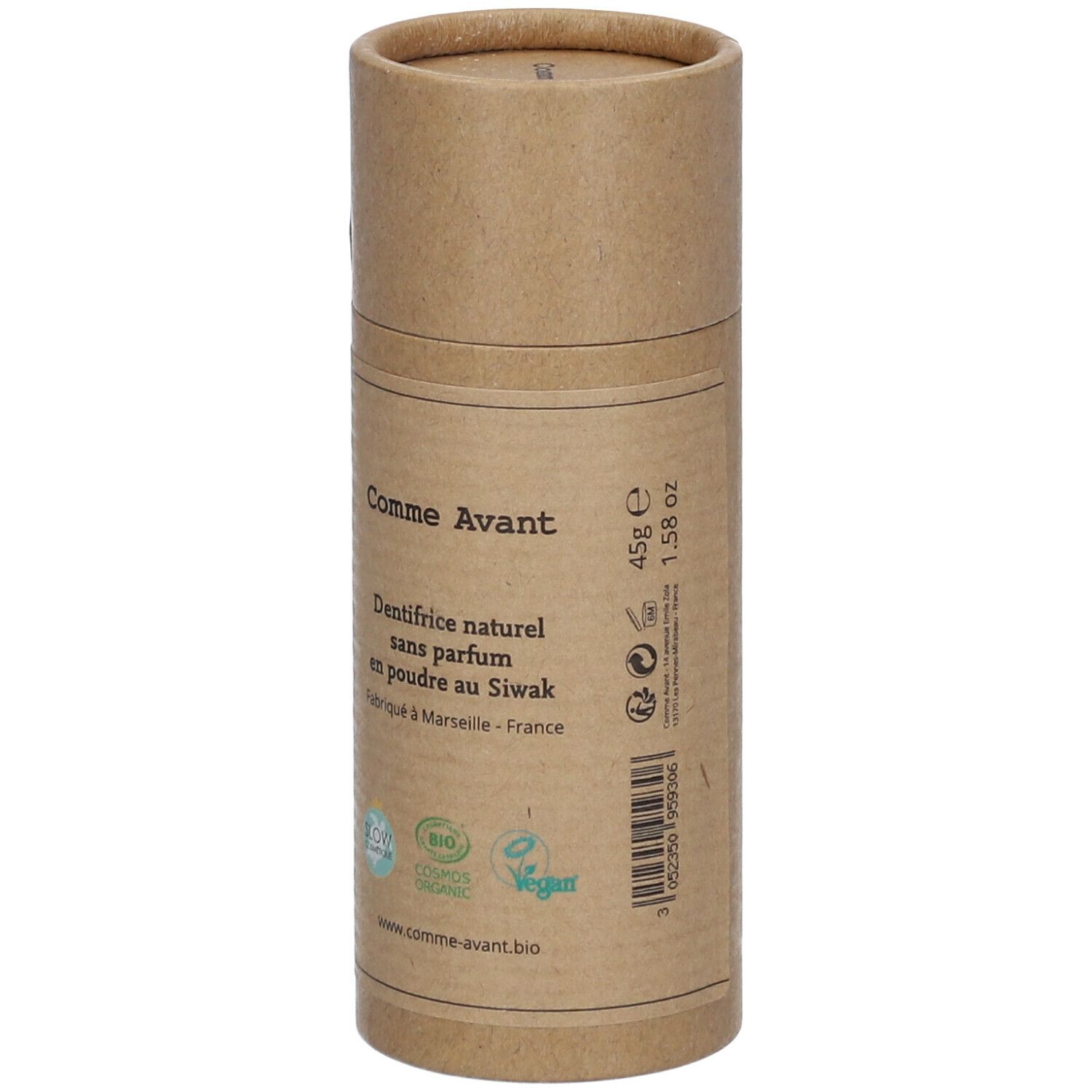Zahnputzpulver-Verpackung aus braunem Karton. Aufschrift: Comme Avant, Dentifrice naturel sans parfum en poudre au Siwak. Gewicht: 45g.