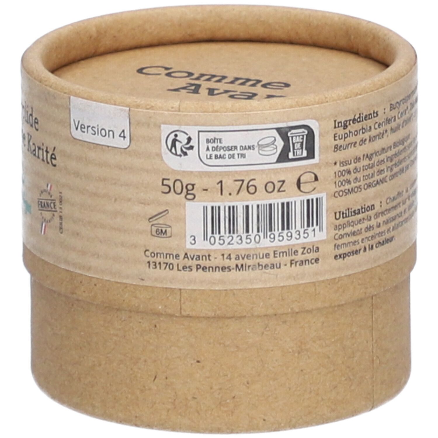 Emballage cylindrique. Inscription: Comme Avant, Crème solide au beurre de Karité. Contenu: 50g - 1.76 oz. Texte: Adresse. Code-barres.