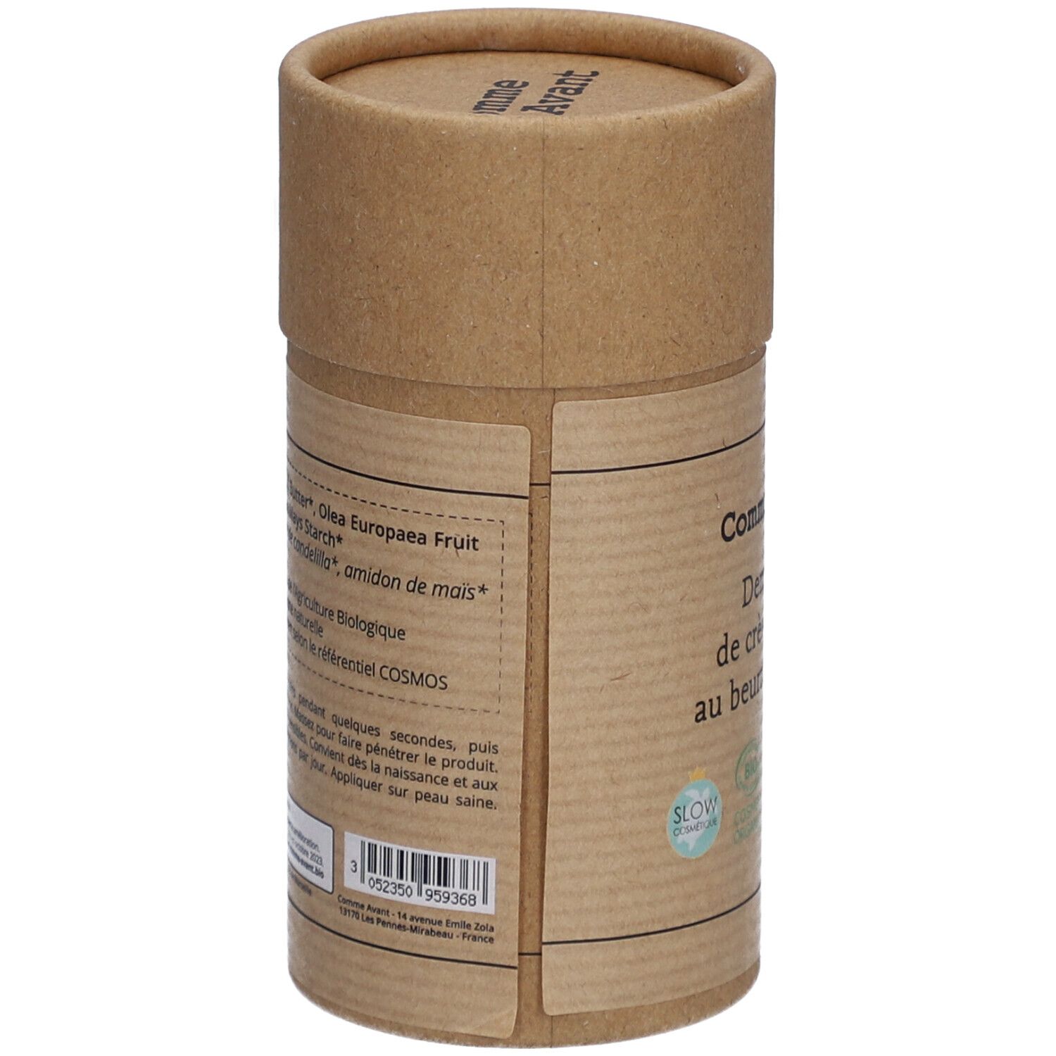 Dos de l'emballage cylindrique en carton. Ingrédients et instructions. Logos bio, vegan et origine France.
