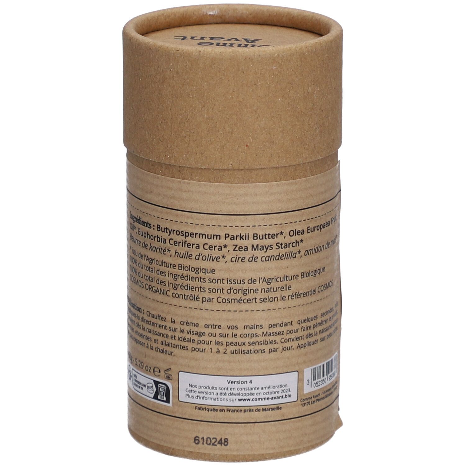 Dos de l'emballage cylindrique en carton. Ingrédients et instructions. Logos bio, vegan et origine France.