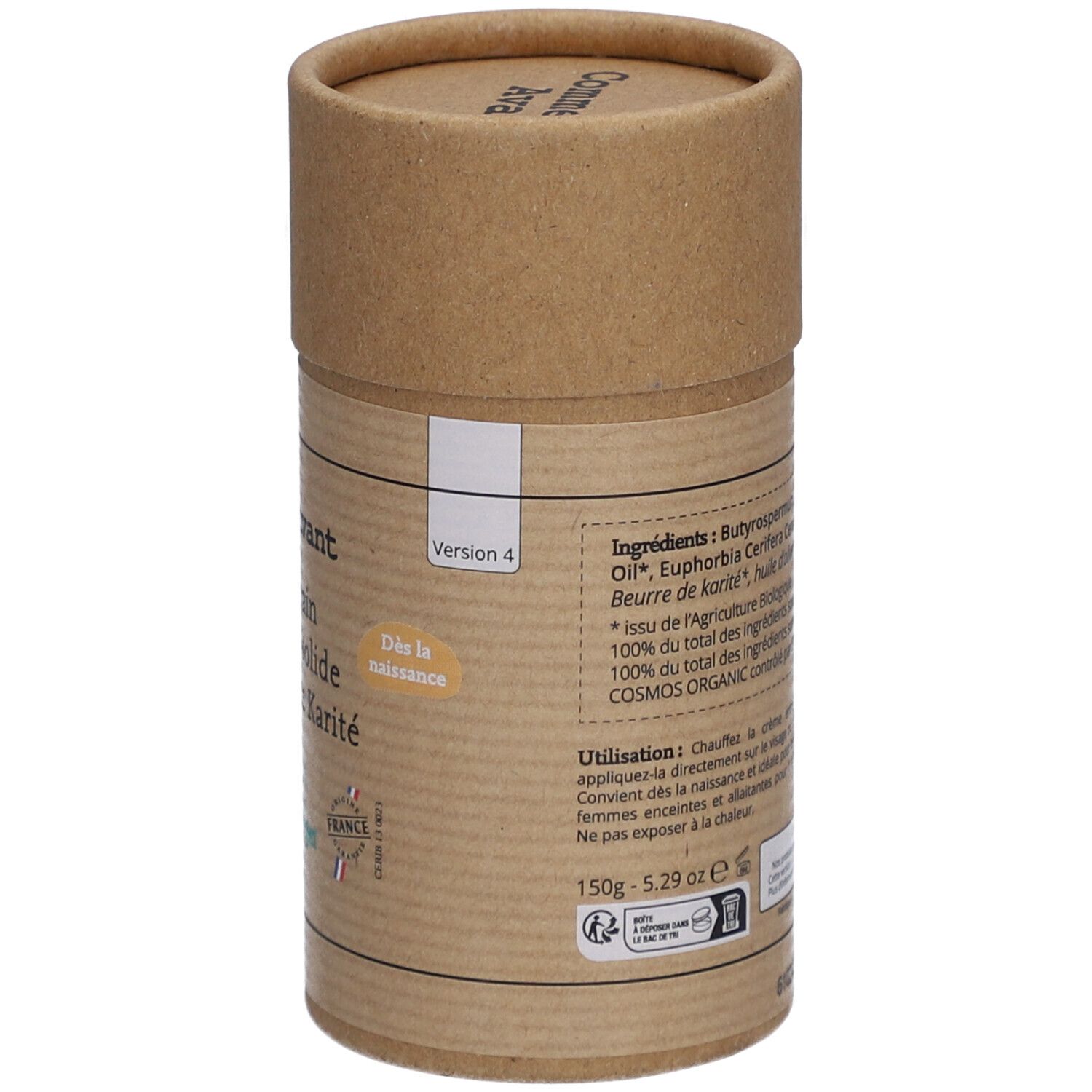 Dos de l'emballage cylindrique en carton. Ingrédients et instructions. Logos bio, vegan et origine France.