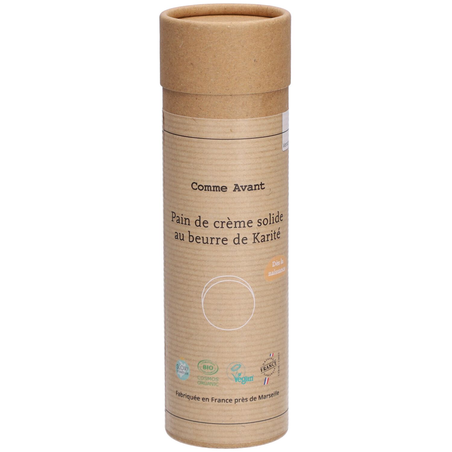 Emballage cylindrique en carton. Inscription: Comme Avant, Pain de crème solide au beurre de Karité. Certifications bio et vegan.