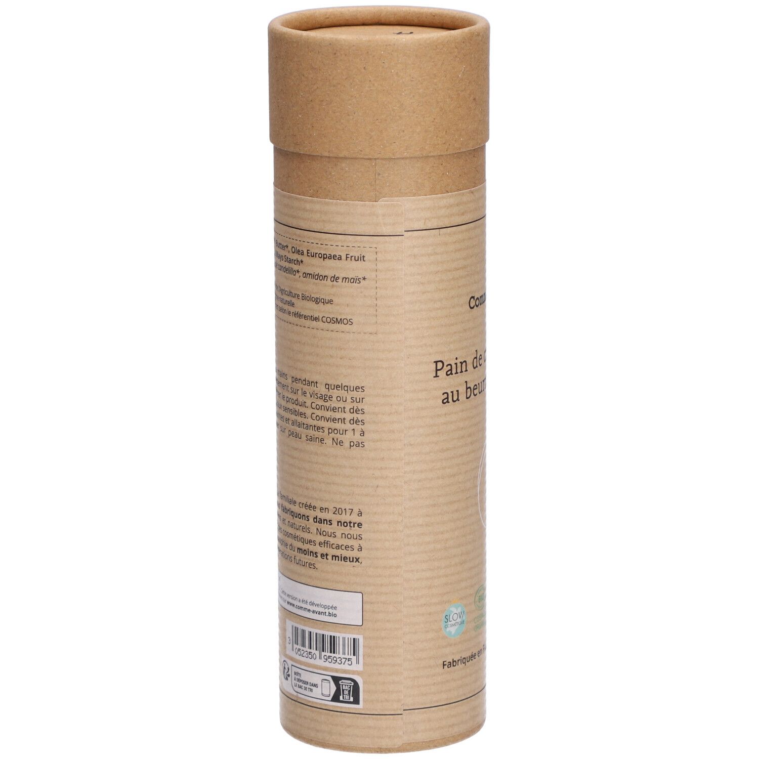 Emballage cylindrique en carton. Texte avec ingrédients, mode d'emploi et informations fabricant. Certification bio.