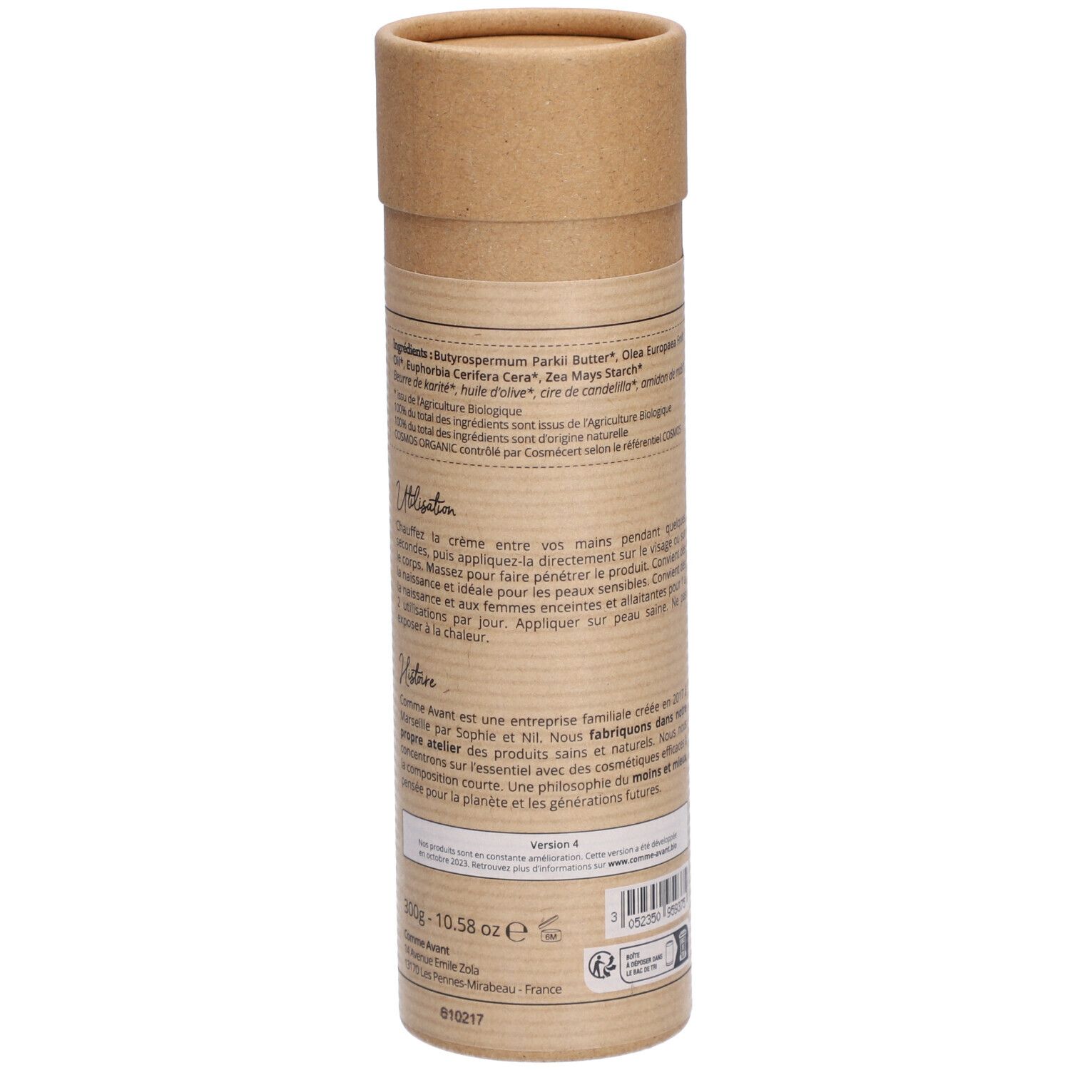 Emballage cylindrique en carton. Texte avec ingrédients, mode d'emploi et informations fabricant. Certification bio.