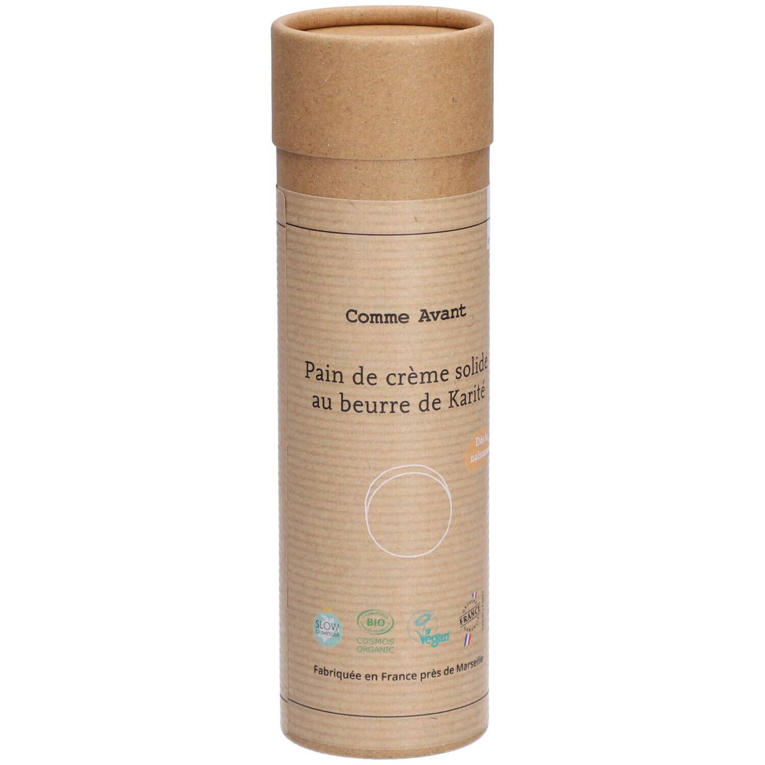 Emballage cylindrique en carton. Inscription: Comme Avant, Pain de crème solide au beurre de Karité. Certifications bio et vegan.