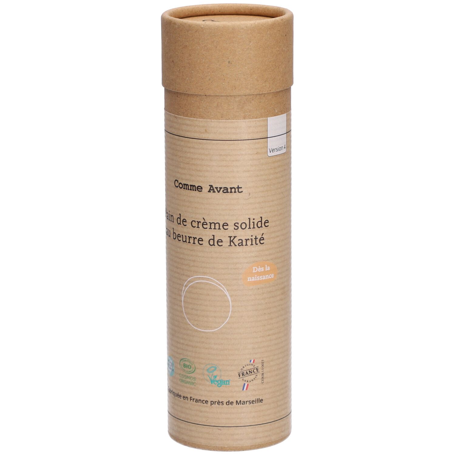 Emballage cylindrique en carton. Inscription: Comme Avant, Pain de crème solide au beurre de Karité. Certifications bio et vegan.