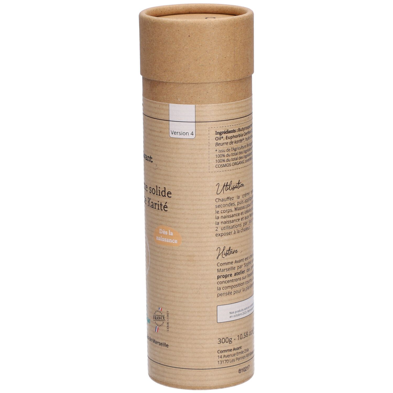 Emballage cylindrique en carton. Inscription: Comme Avant, Pain de crème solide au beurre de Karité. Certification bio. Poids: 300g.