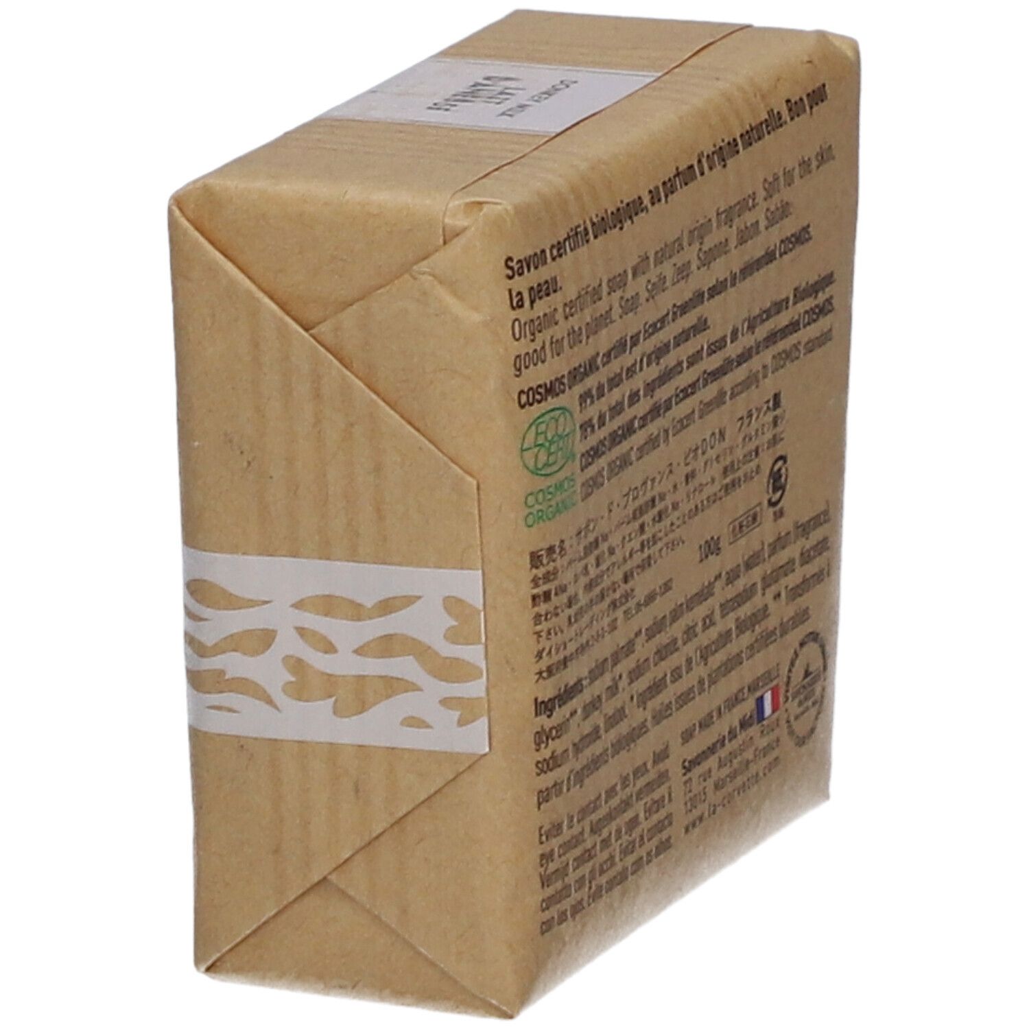 Emballage de savon, en biais. Texte: Donkey Milk, certification bio. Avec label bio.