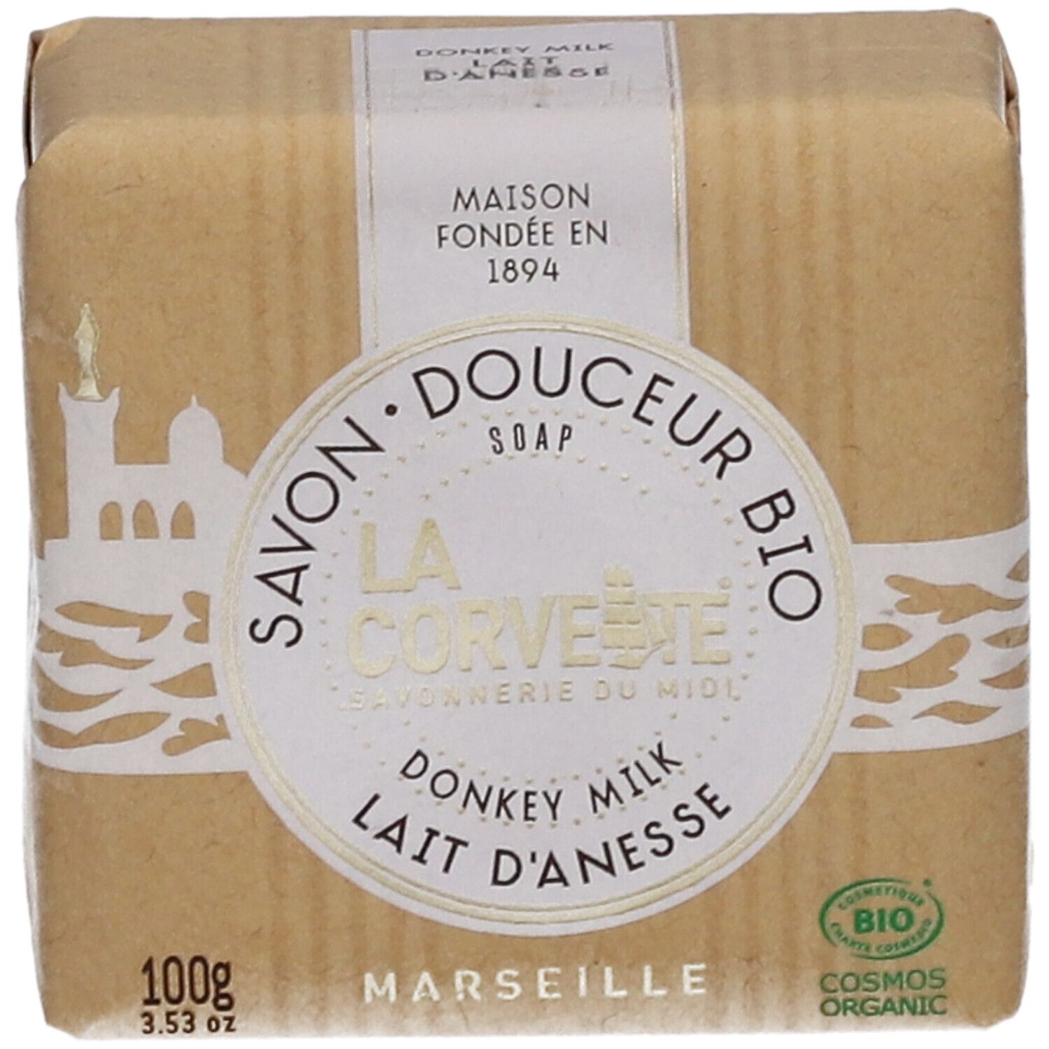 Savon emballé dans du papier. Inscription: LA CORVETTE, BIO, Donkey Milk, Lait d'Anesse. Avec label bio.