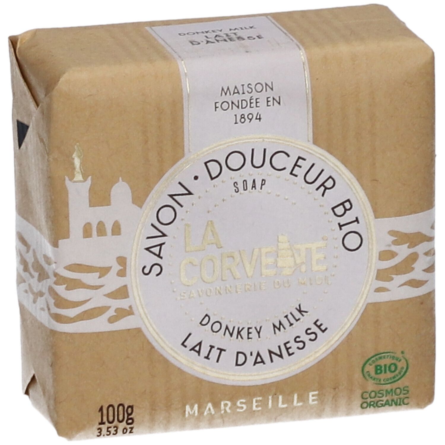 Savon emballé dans du papier. Inscription: LA CORVETTE, BIO, Donkey Milk, Lait d'Anesse. Avec label bio.