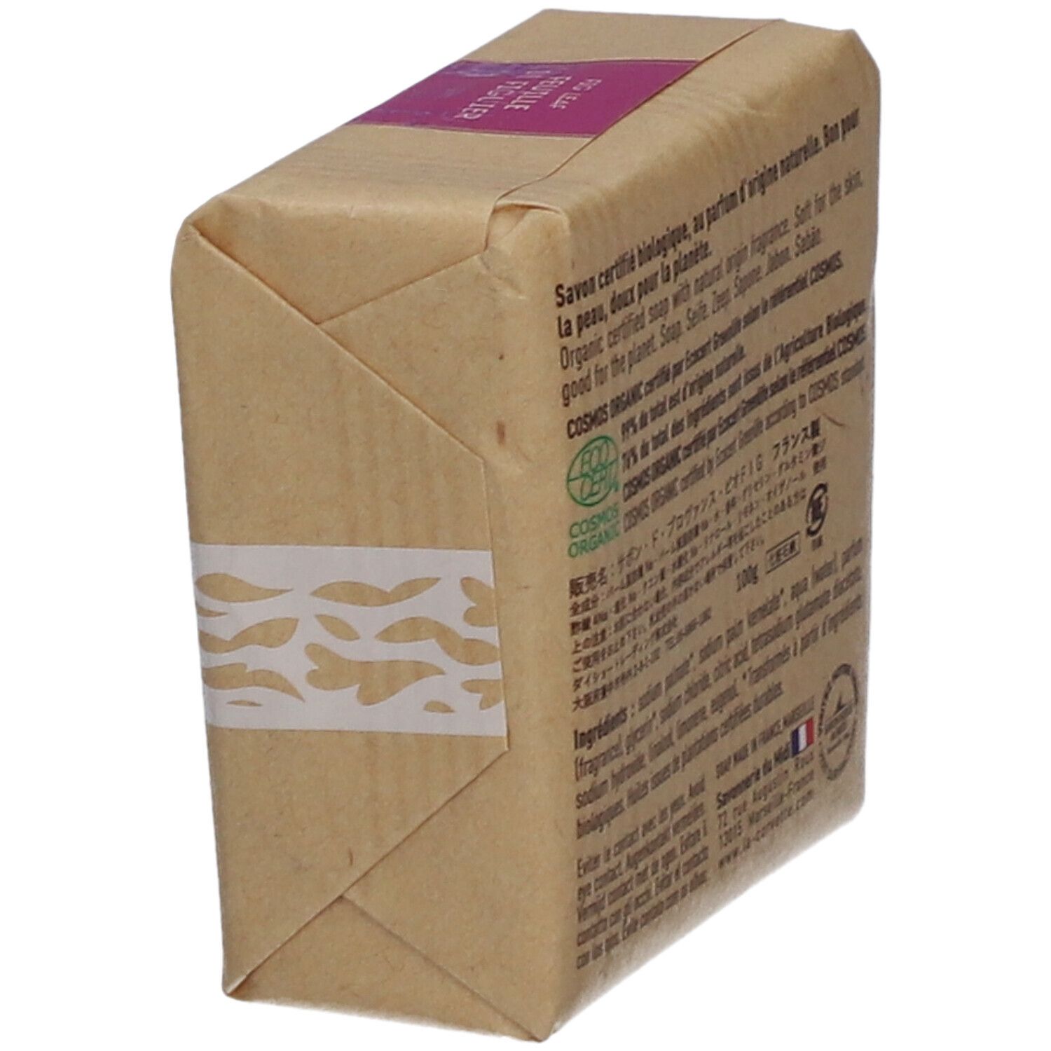 Seifenverpackung, Seitenansicht. Text: Bio-Zertifizierung, Inhaltsstoffe, Herstelleradresse.