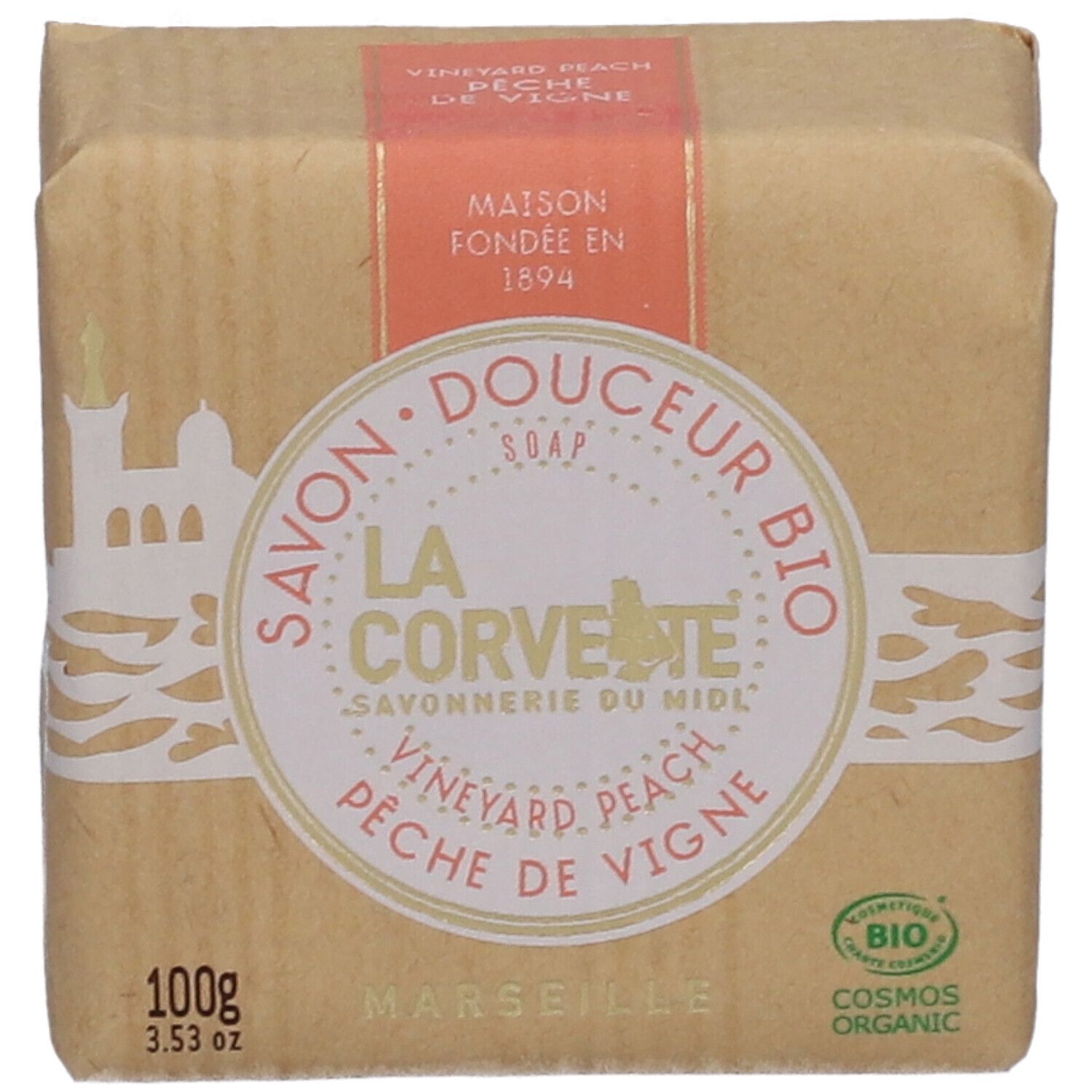 Savon emballé. Inscription: LA CORVETTE Savon Douceur Bio, Pêche de Vigne. Certification bio.