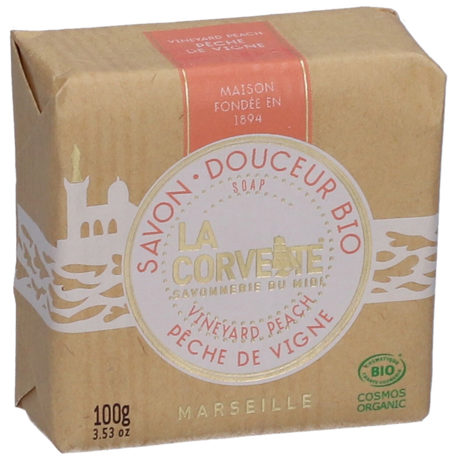 Savon emballé. Inscription: LA CORVETTE Savon Douceur Bio, Pêche de Vigne. Certification bio.