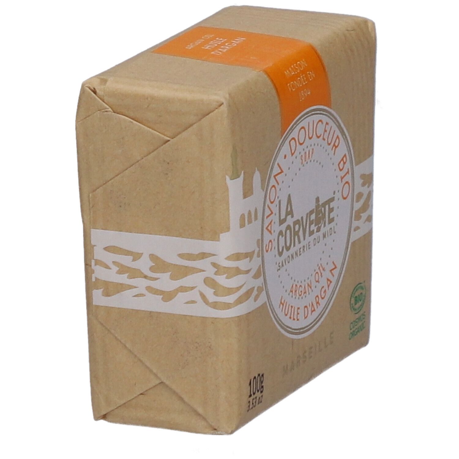 Savon emballé. Inscription: LA CORVETTE, huile d'argan, BIO. Avec label bio.