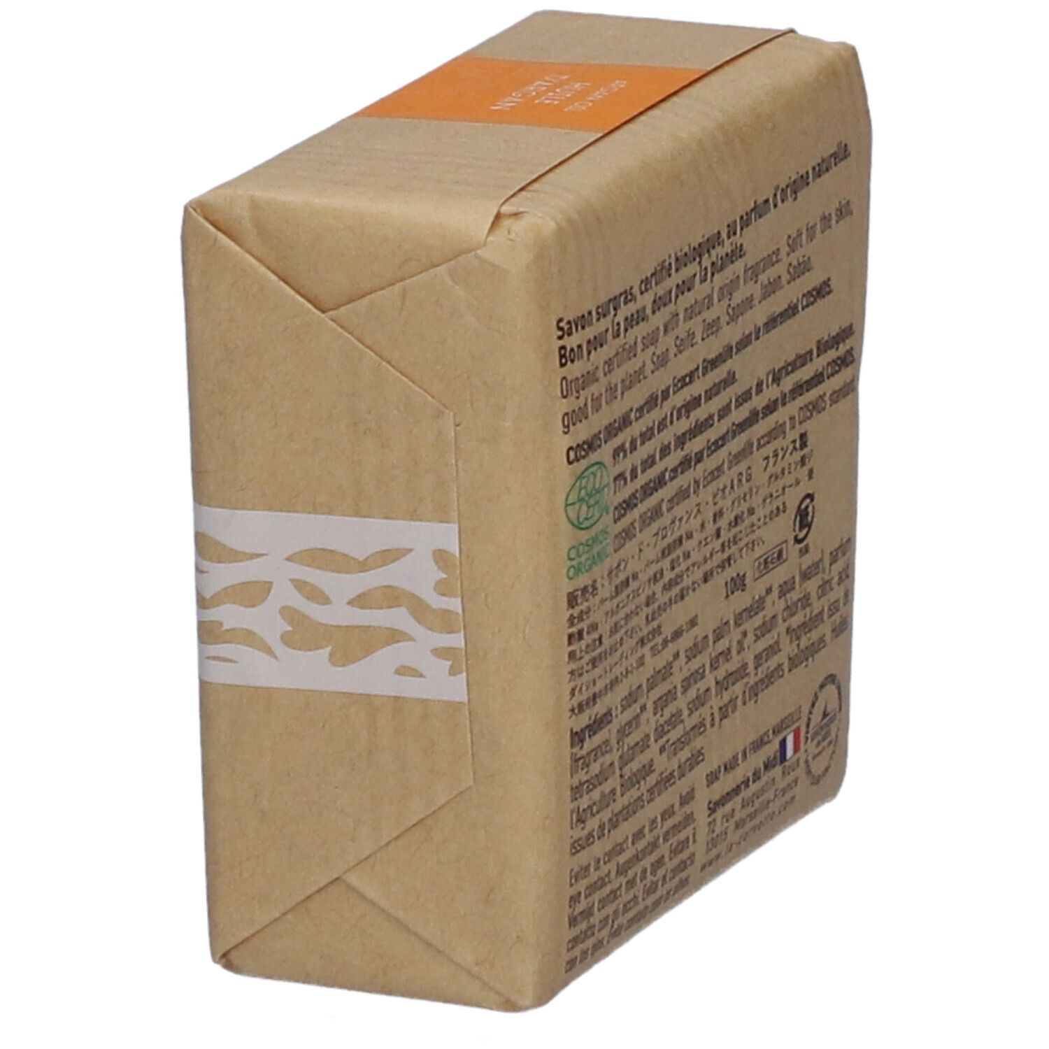 Savon emballé. Inscription: LA CORVETTE, huile d'argan, BIO. Avec label bio.