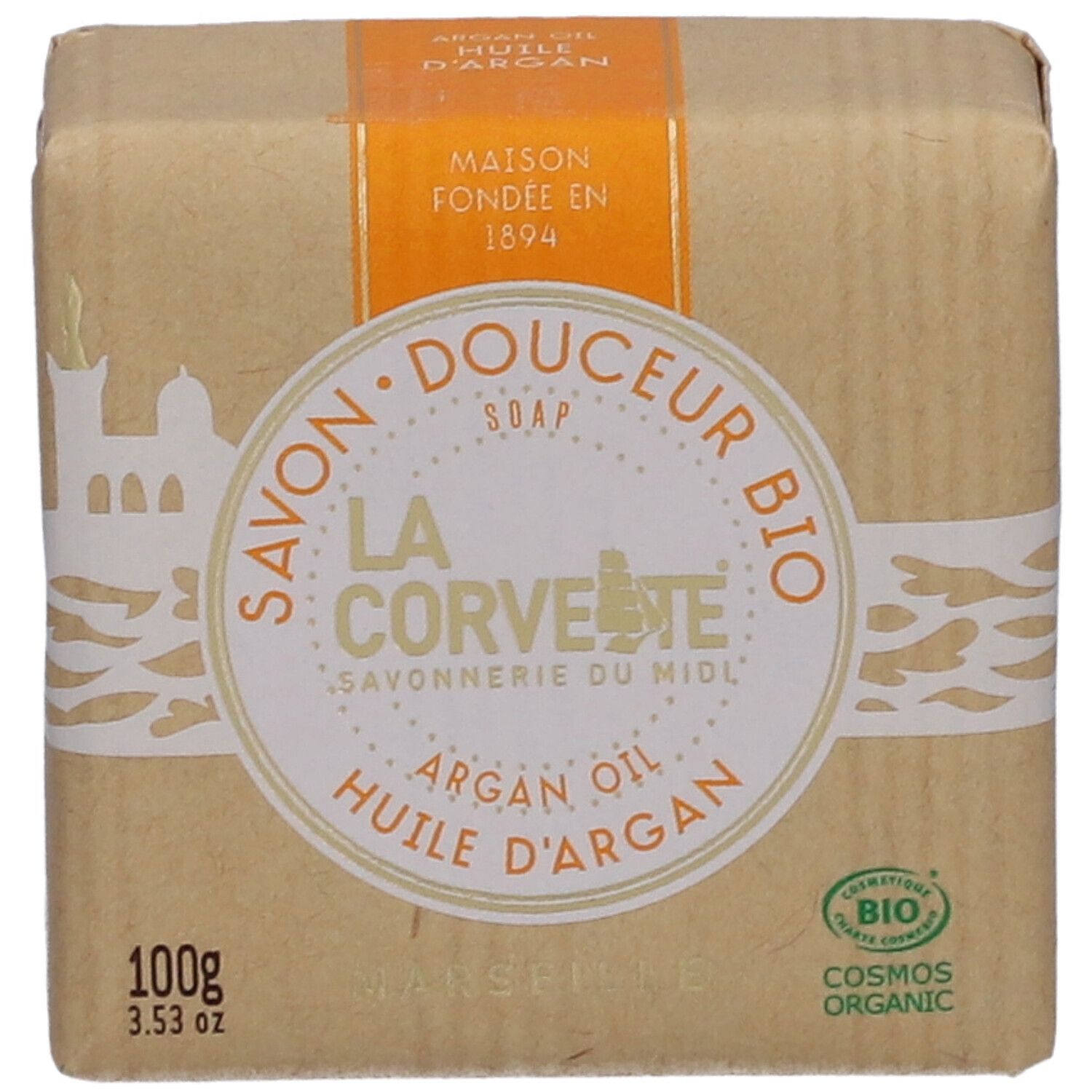 Savon emballé. Inscription: LA CORVETTE, huile d'argan, BIO. Label bio et 100g.