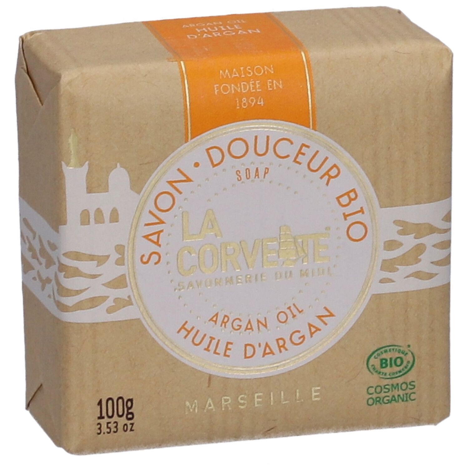 Savon emballé. Inscription: LA CORVETTE, huile d'argan, BIO. Label bio et 100g.