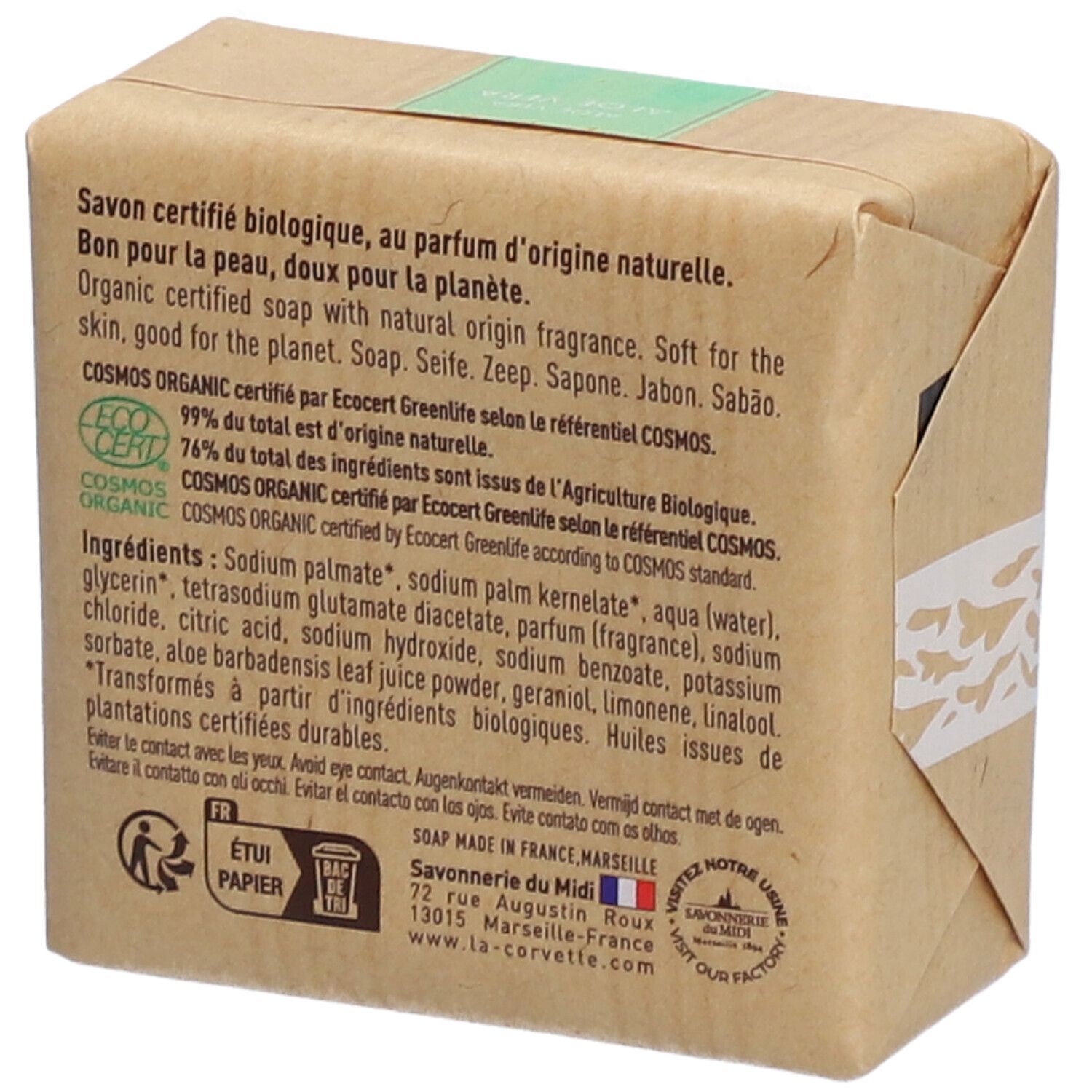 Dos du savon emballé. Texte: ingrédients, certification bio, adresse du fabricant.