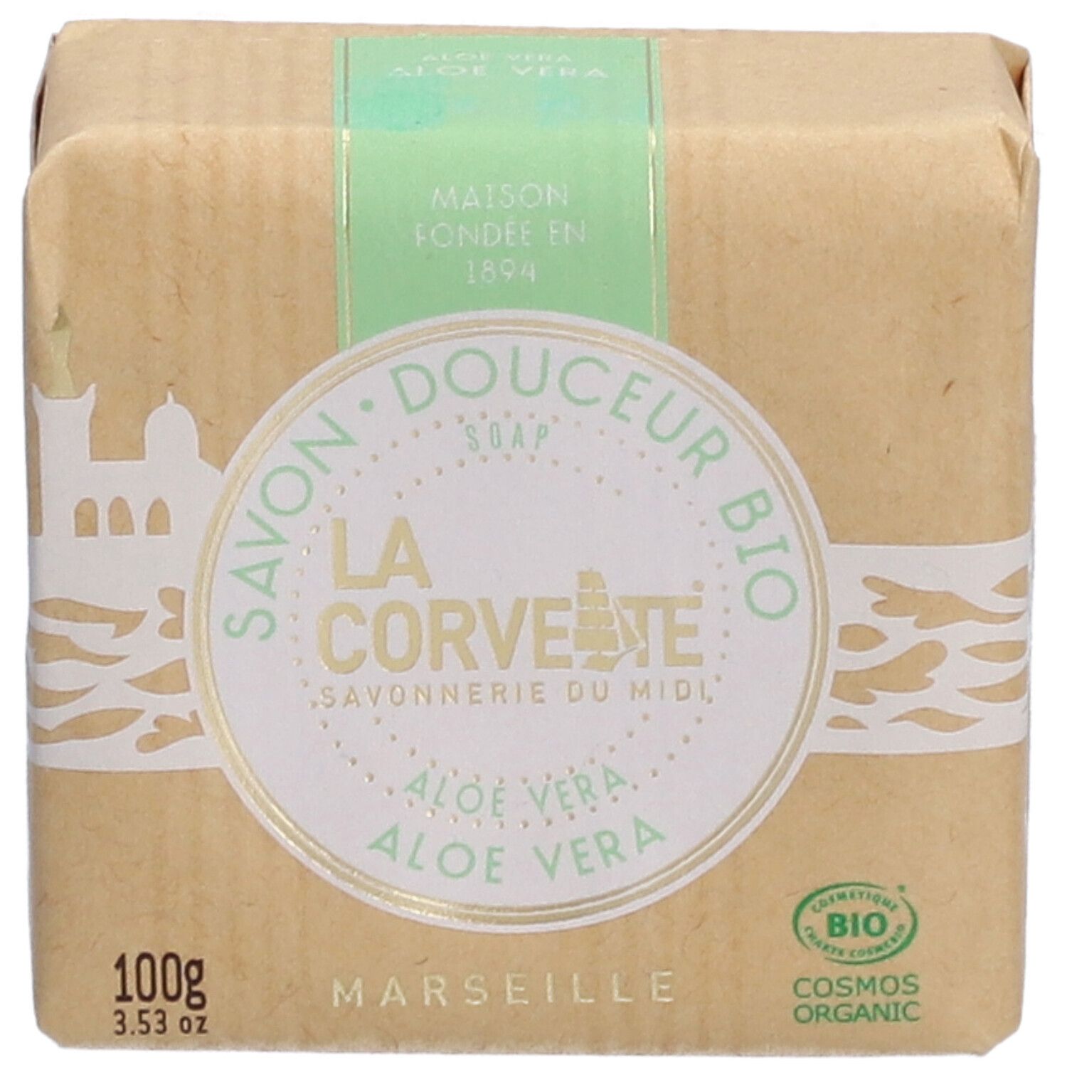 Savon emballé. Inscriptions: LA CORVETTE, Aloe Vera, 100g, certification bio.