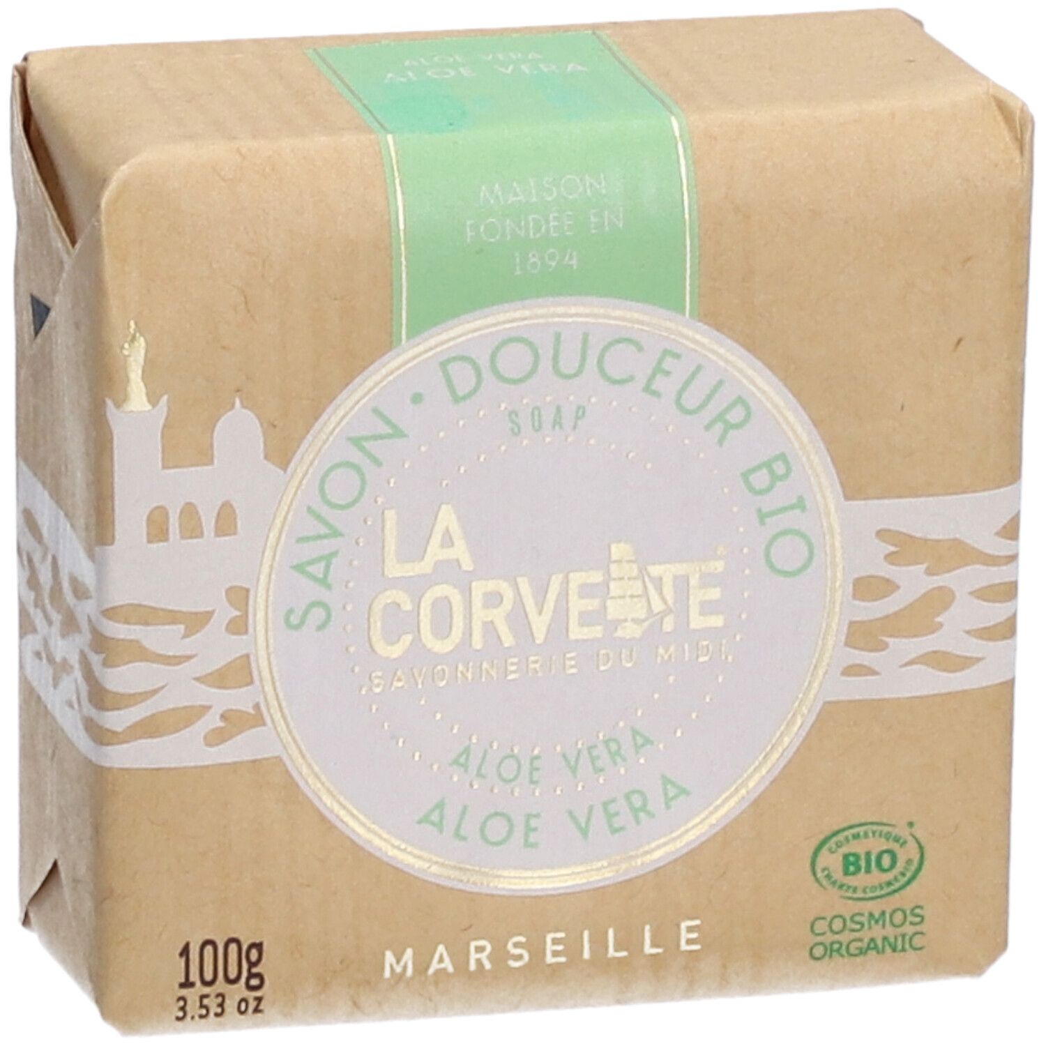 Savon emballé. Inscriptions: LA CORVETTE, Aloe Vera, certification bio.