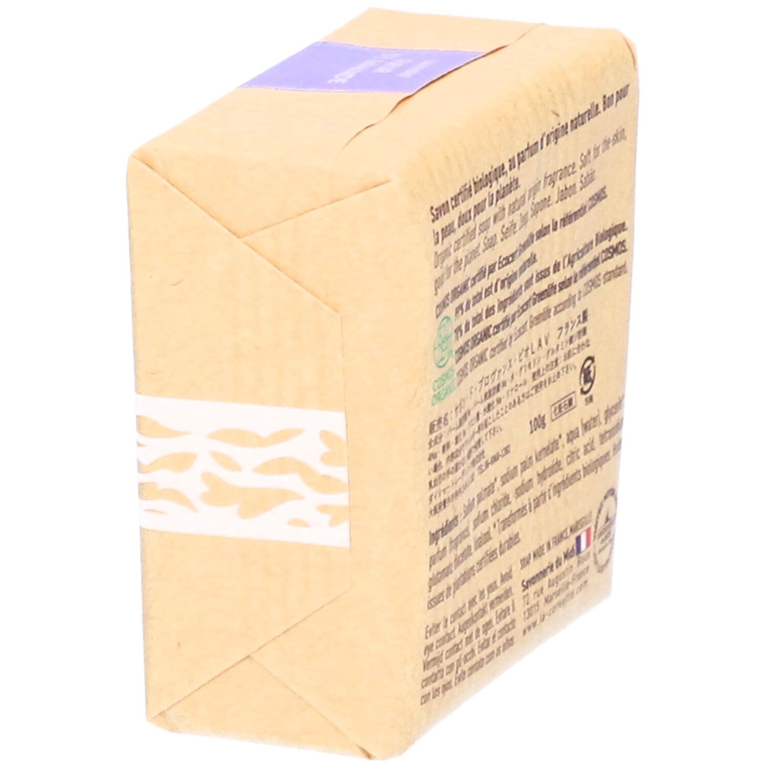 Emballage de savon, vue oblique arrière. Texte multilingue. Certification bio.