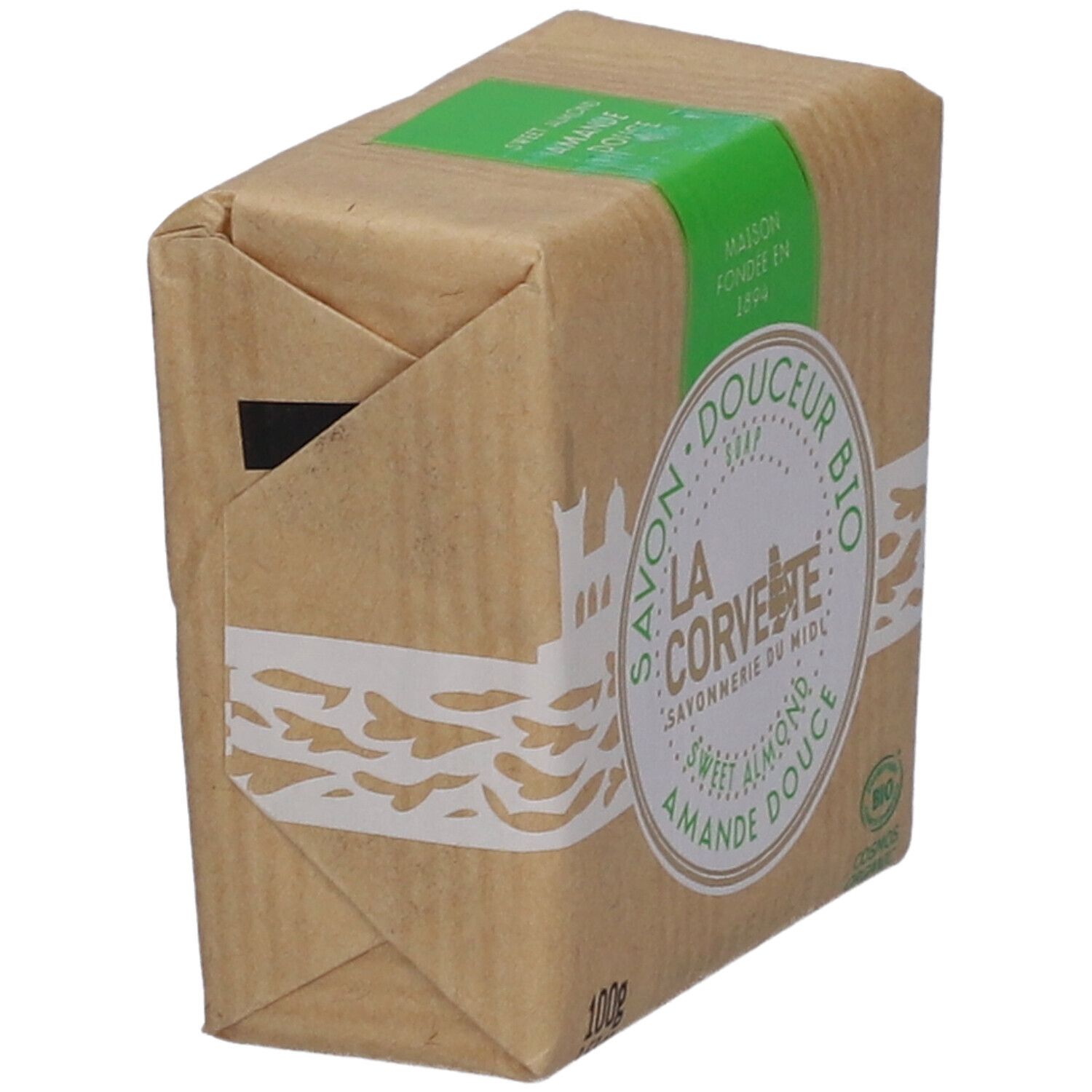 Seife in Papierverpackung. Label: LA CORVETTE, Sweet Almond. Bio-Zertifizierung. Verpackung schräg.