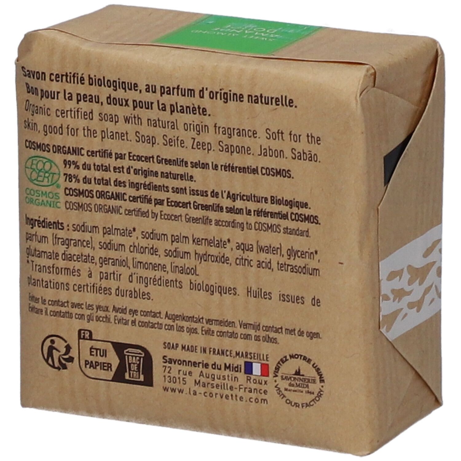 Rückseite der Seifenverpackung. Text: Inhaltsstoffe, Bio-Zertifizierung, Savonnerie du Midi. Papier.