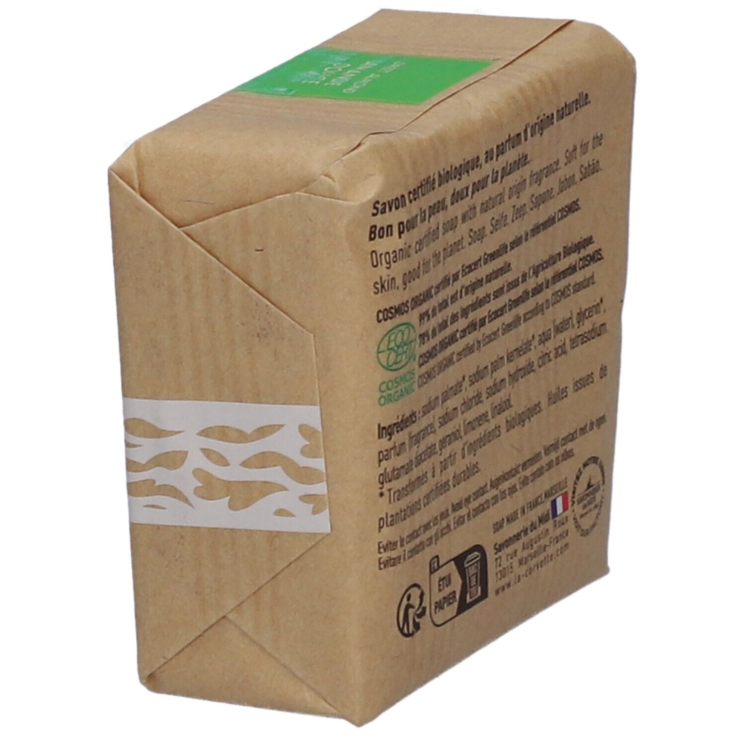 Seifenverpackung, schräg. Text: Bio-Zertifizierung, Inhaltsstoffe. Savonnerie du Midi. Papier.