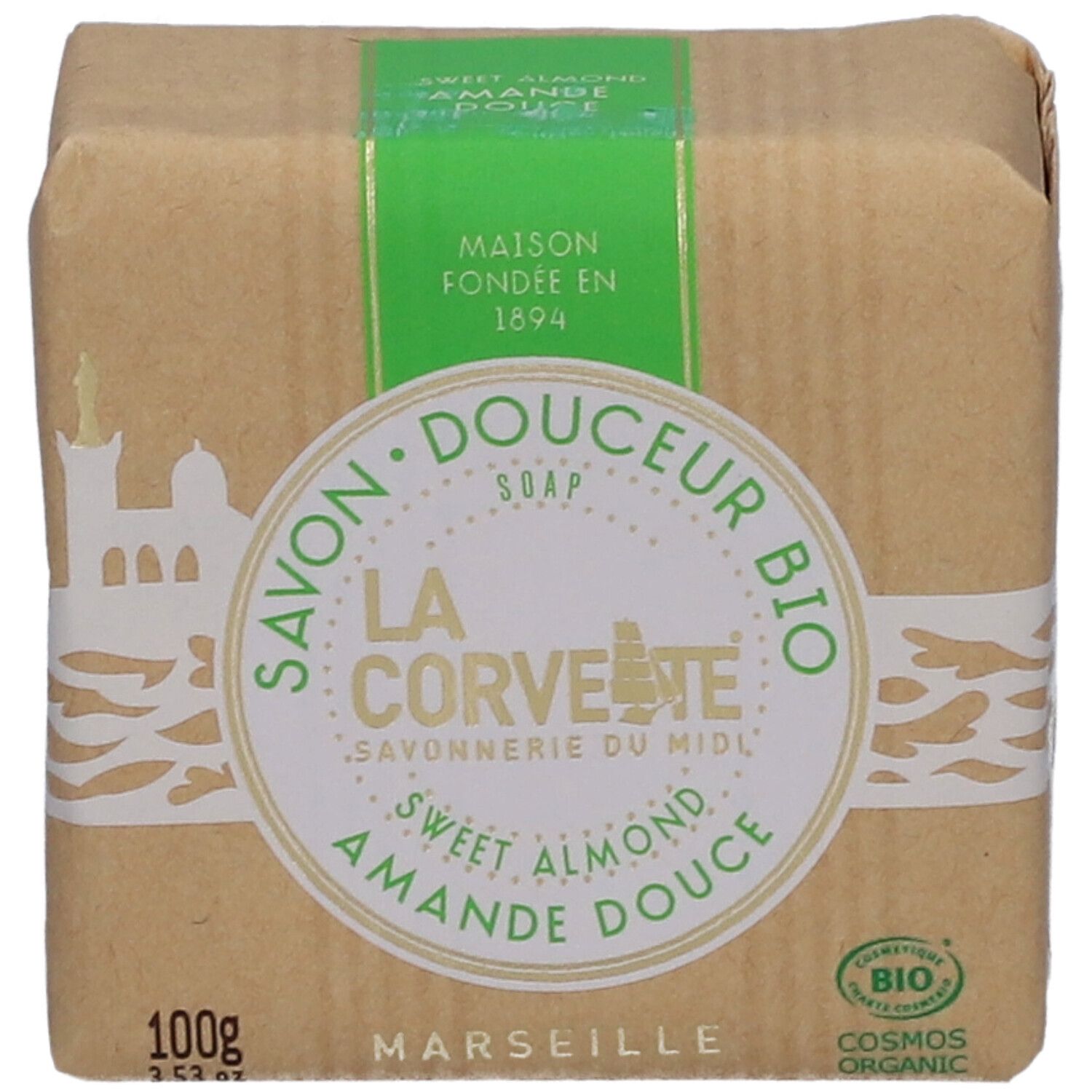 Seife in Papierverpackung. Label: LA CORVETTE, Sweet Almond. Bio-Zertifizierung. 100g.