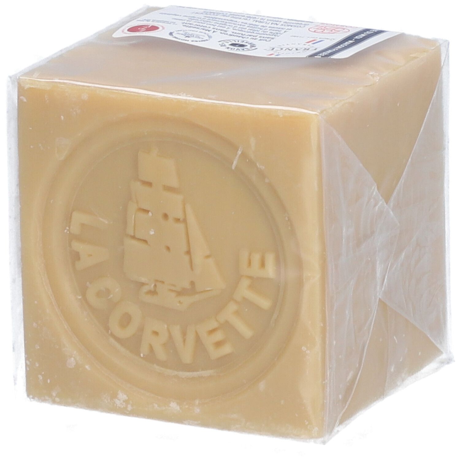 Vierkant zeepblok in verpakking. Reliëf logo: LA CORVETTE, zeilschip. Ecocert label.