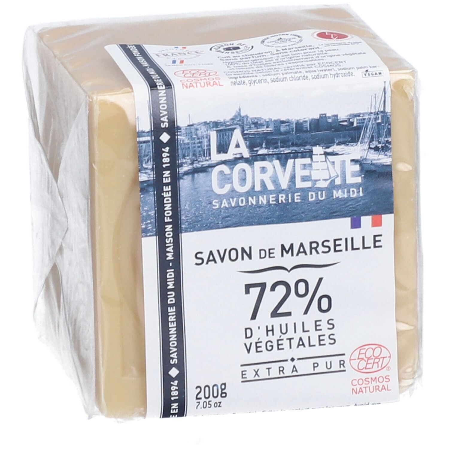 Vierkant zeepblok in verpakking. Opschrift: LA CORVETTE Savon de Marseille, 72% plantaardige oliën, 200g, Ecocert.