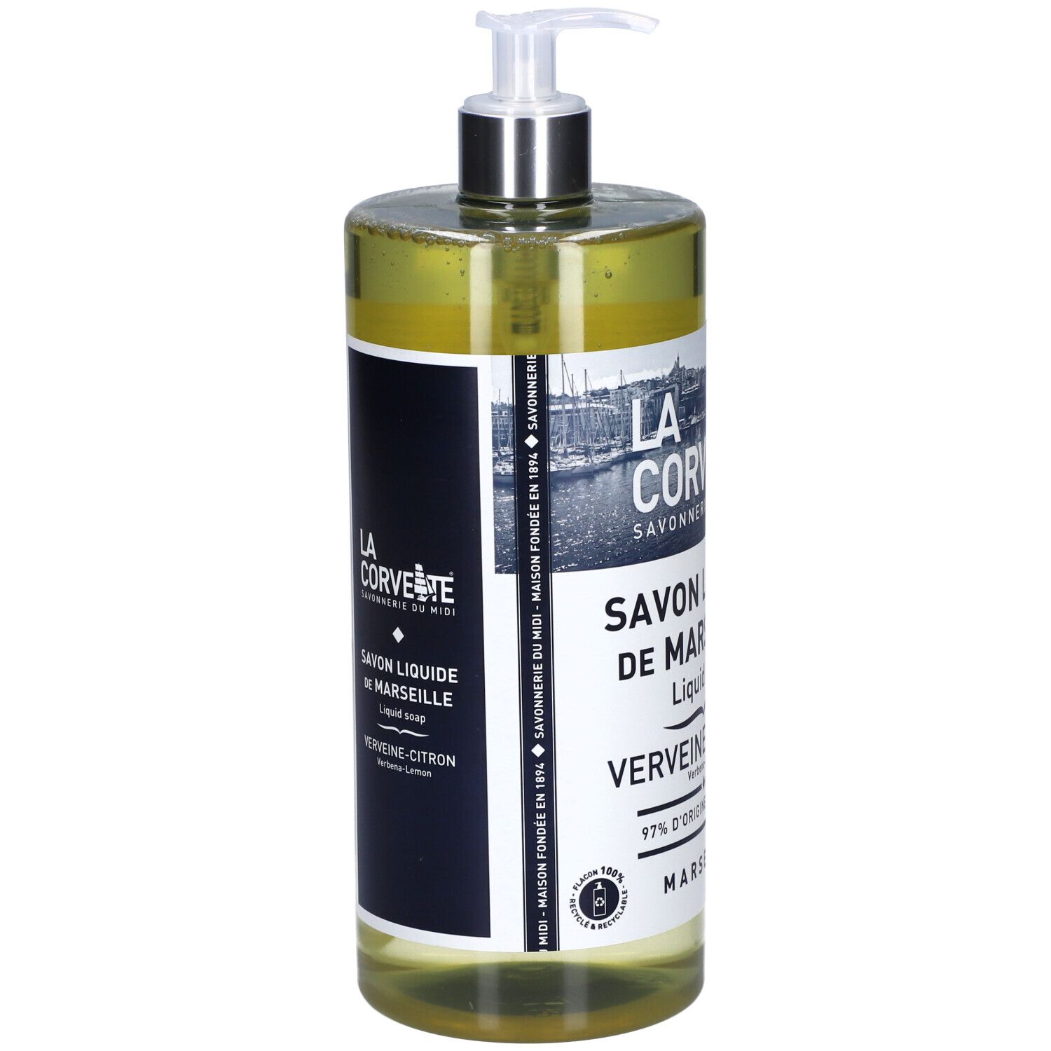 Flacon transparent de savon liquide avec pompe. Étiquette avec nom du produit et logo.
