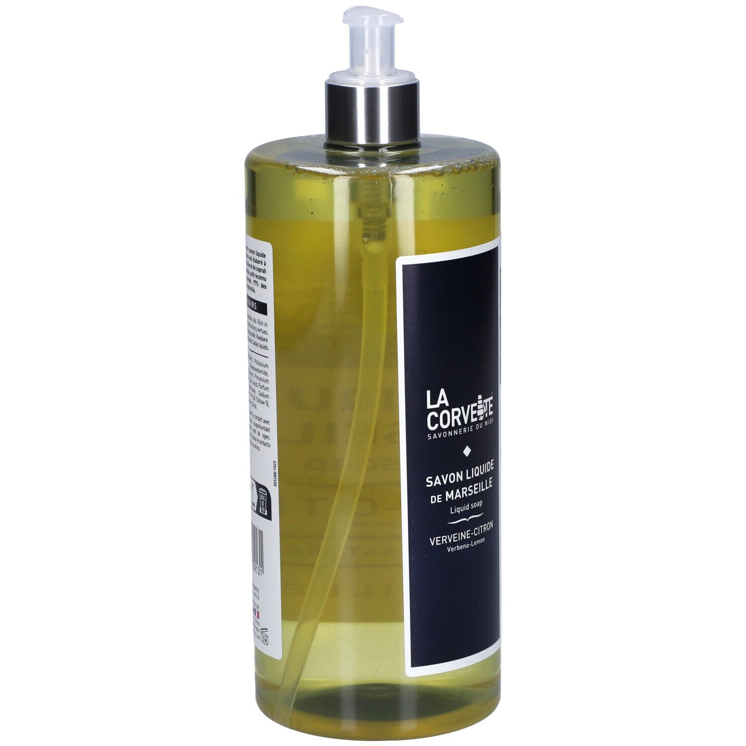 Flacon transparent de savon liquide avec pompe. Étiquette avec nom du produit et logo.