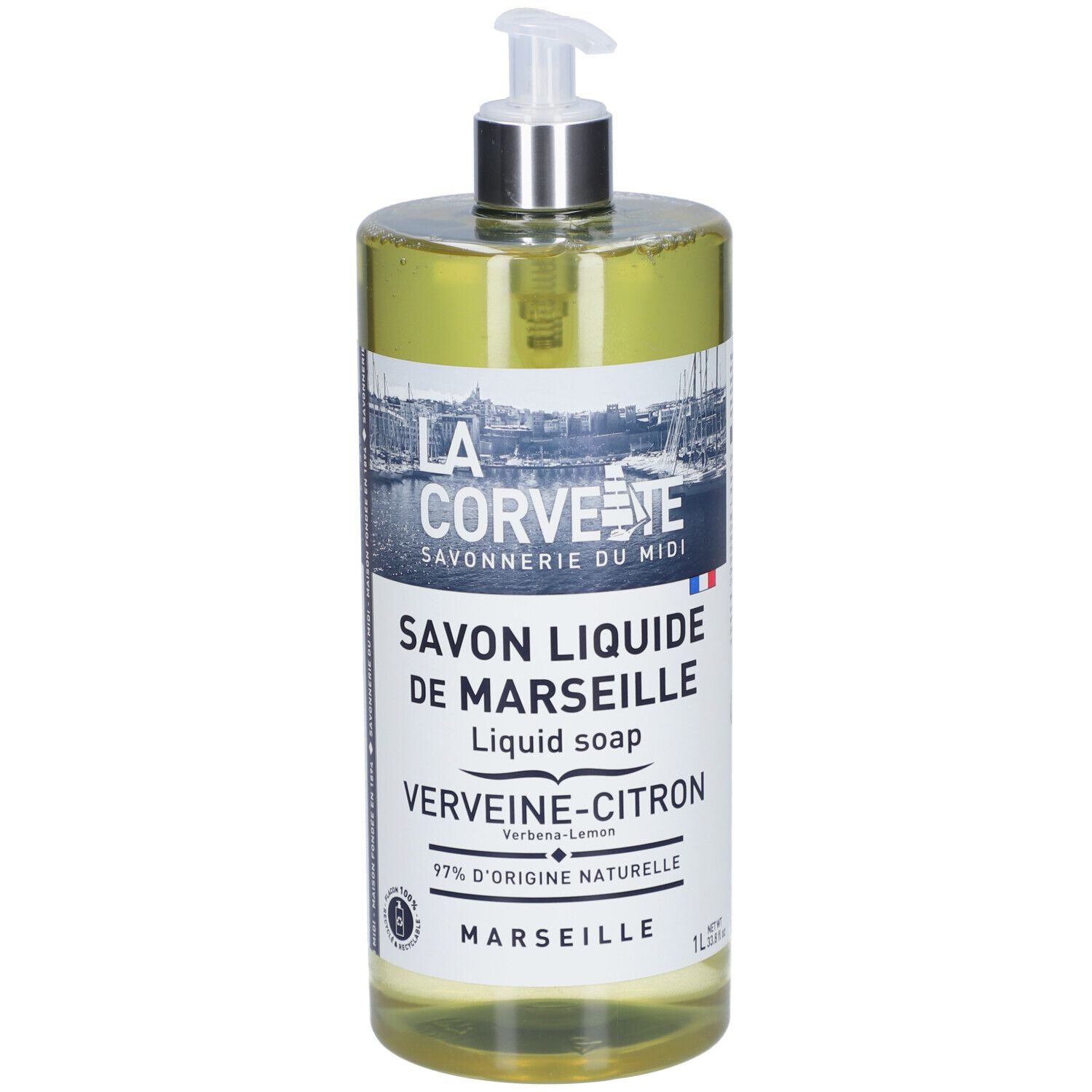 Savon liquide en flacon transparent avec pompe. Étiquette avec nom du produit et logo.