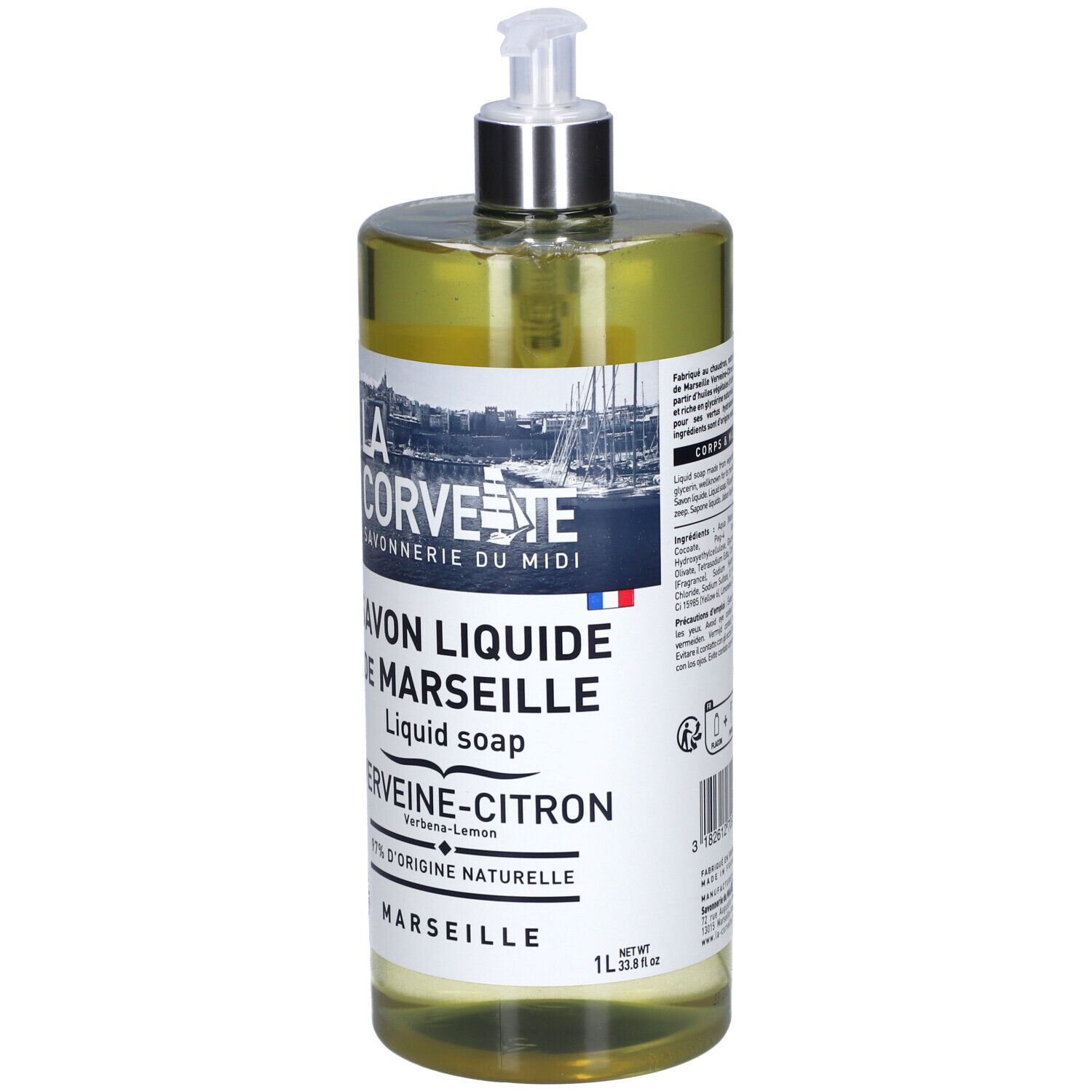 Flacon transparent de savon liquide avec pompe. Étiquette avec nom du produit et logo.