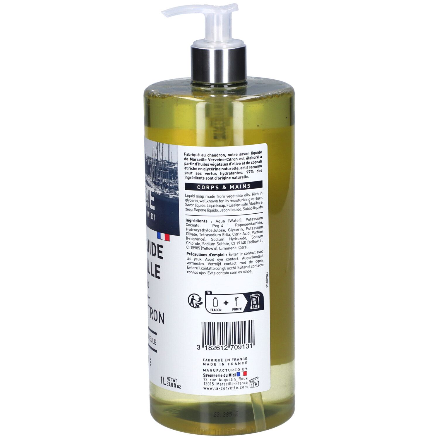 Flacon transparent de savon liquide avec pompe. Étiquette avec nom, ingrédients et logo.
