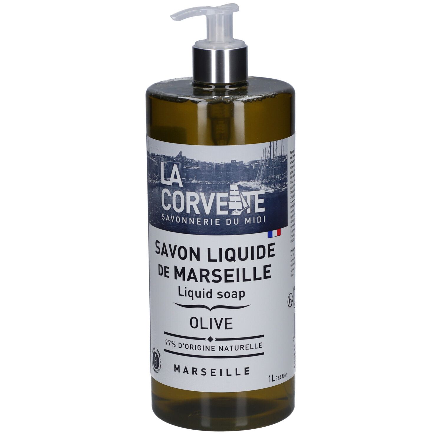 Savon liquide vert avec pompe. Inscription: LA CORVETTE, Savon liquide de Marseille Olive, 97% d'origine naturelle.