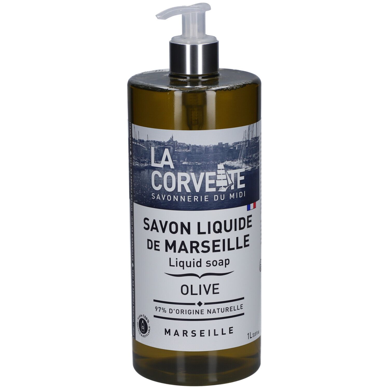 Savon liquide vert avec pompe. Inscription: LA CORVETTE, Savon liquide de Marseille Olive, 97% d'origine naturelle.