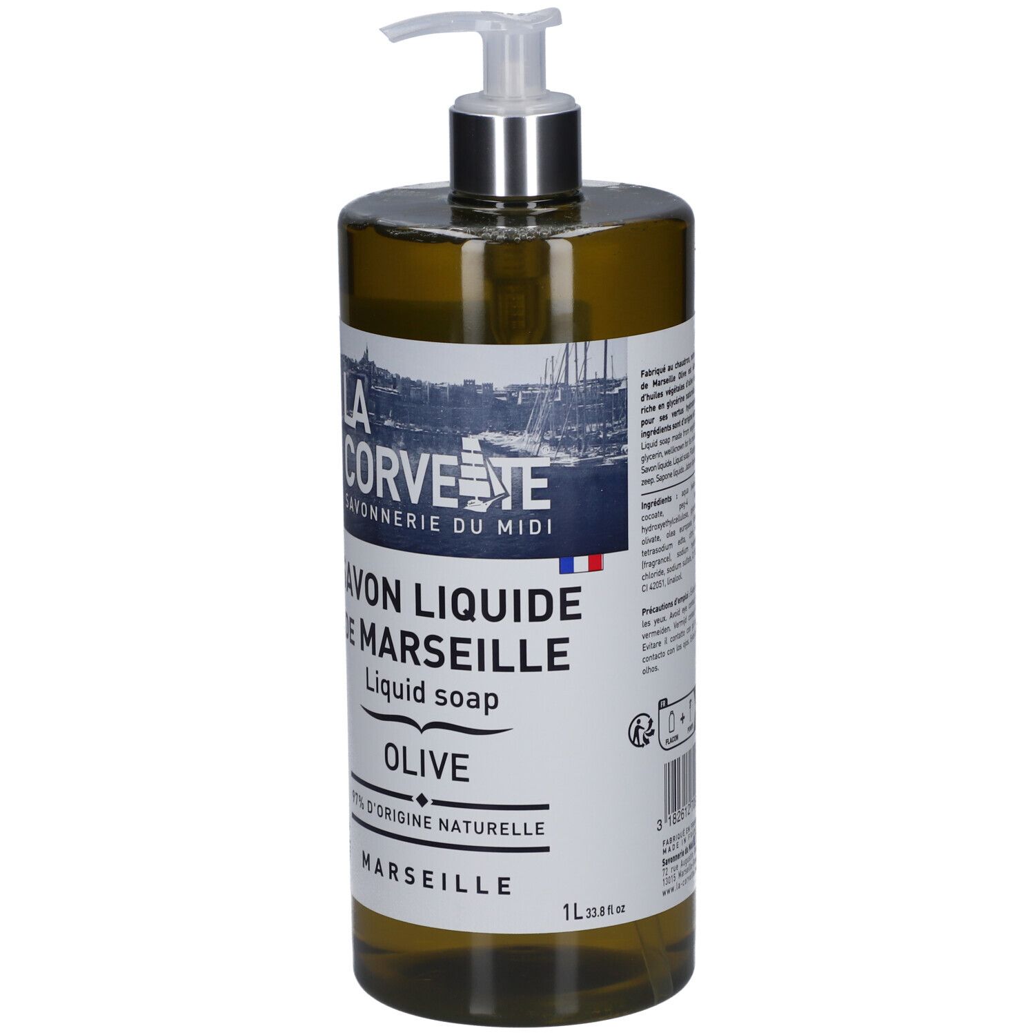 Savon liquide vert avec pompe. Inscription: LA CORVETTE, Savon liquide de Marseille Olive, 97% d'origine naturelle.
