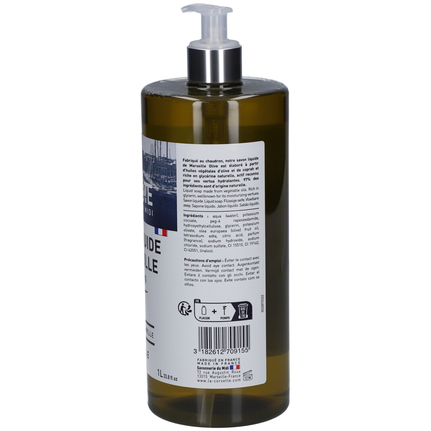 Savon liquide vert avec pompe. Inscription: LA CORVETTE, Savon liquide de Marseille Olive. Dos avec ingrédients et informations.