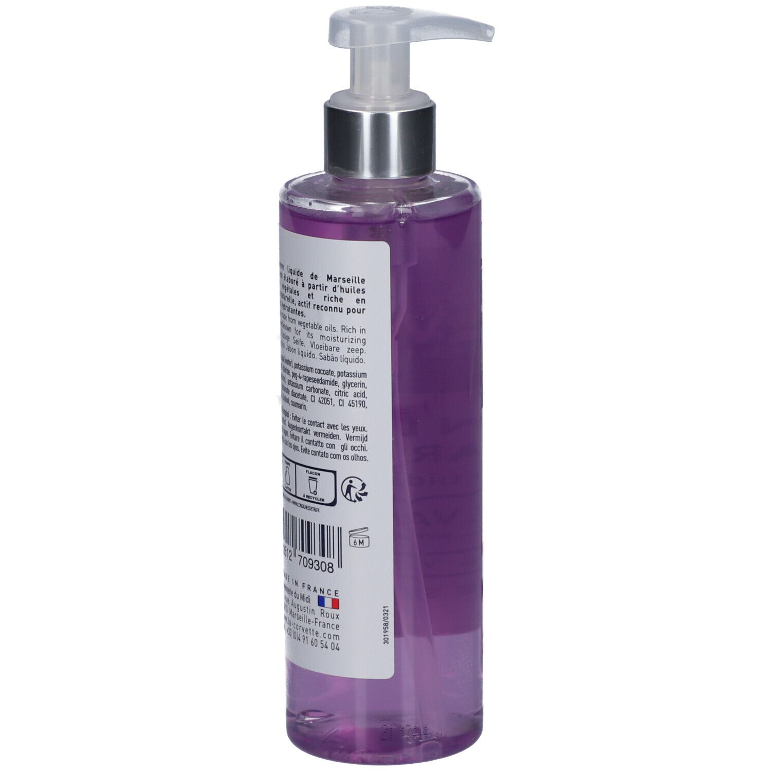Dos du flacon de savon liquide. Texte en français. Contient ingrédients et informations fabricant. Code-barres et symboles de recyclage.