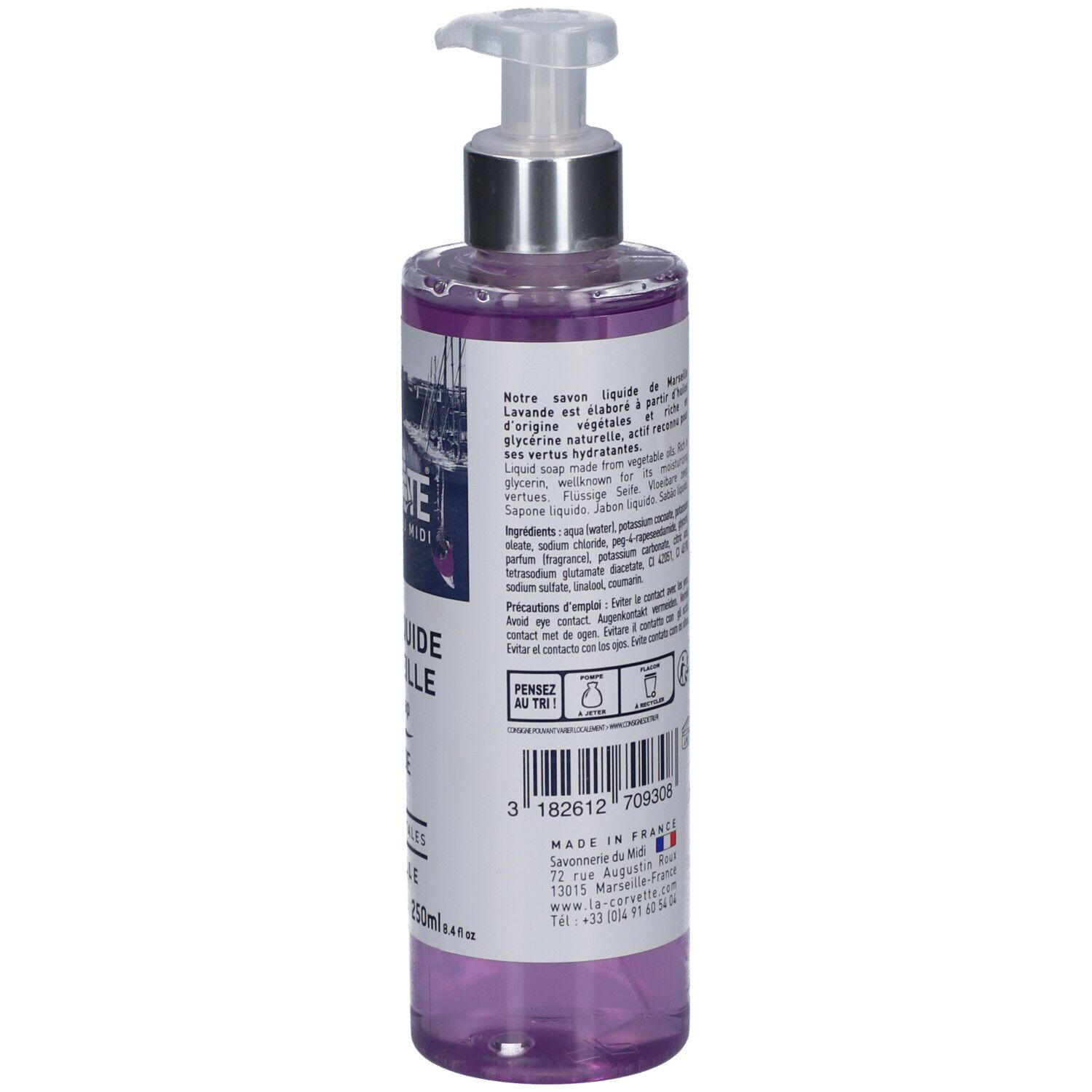 Dos du flacon de savon liquide. Texte en français. Contient ingrédients et informations fabricant. Code-barres et symboles de recyclage.