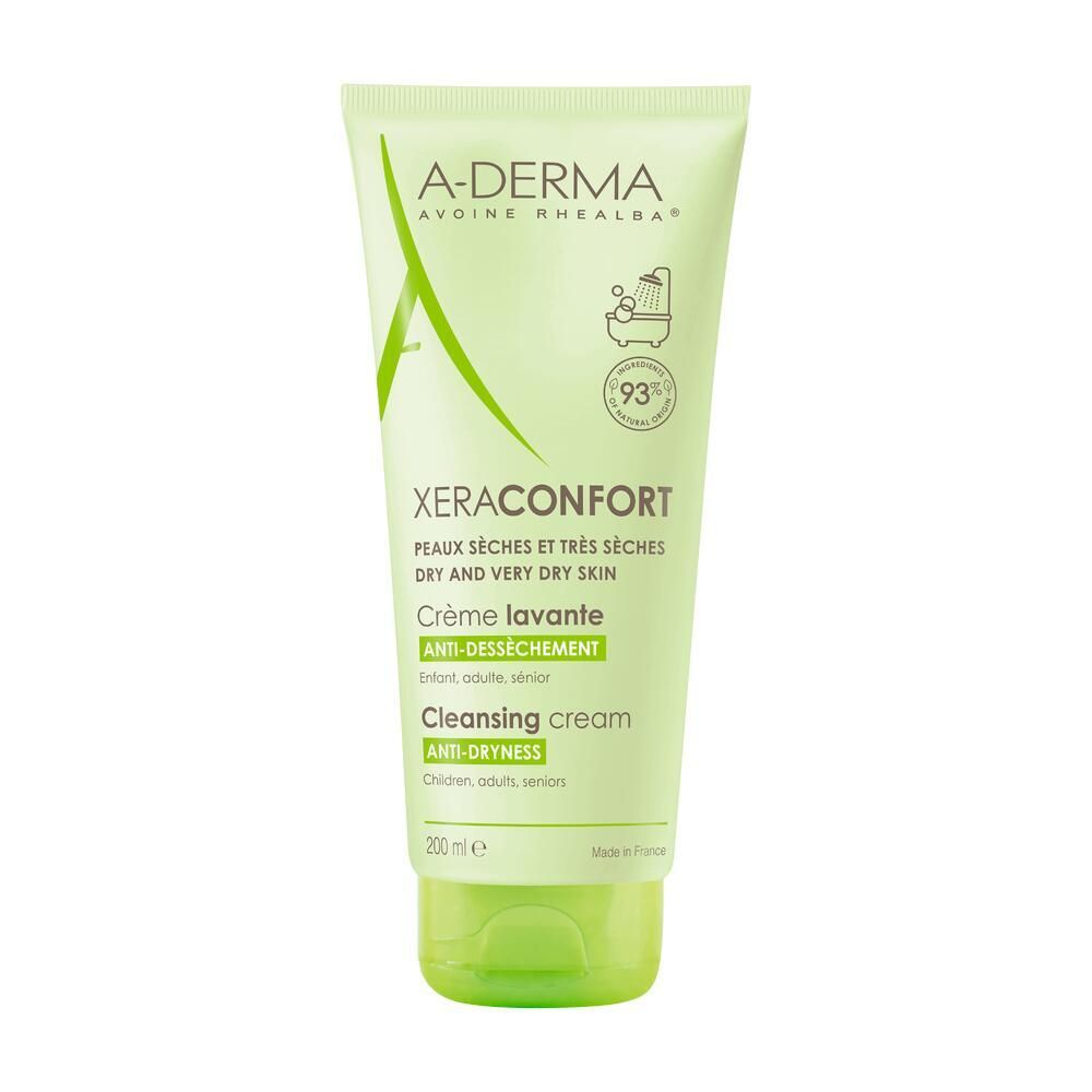 Tube vert avec texte blanc. Logo A-DERMA. Texte: XERACONFORT, Crème lavante, Anti-dessèchement. Pour peaux sèches. 200 ml.