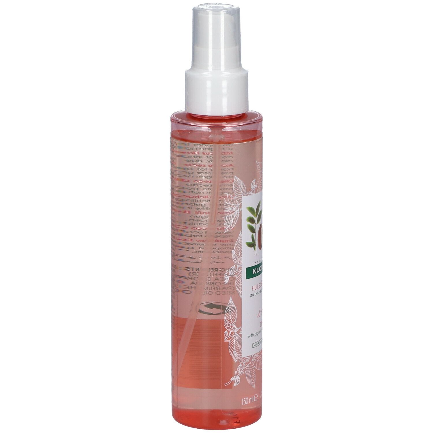 Vue arrière d'un flacon spray transparent avec tête blanche. Texte sur l'étiquette. Liquide rose visible.