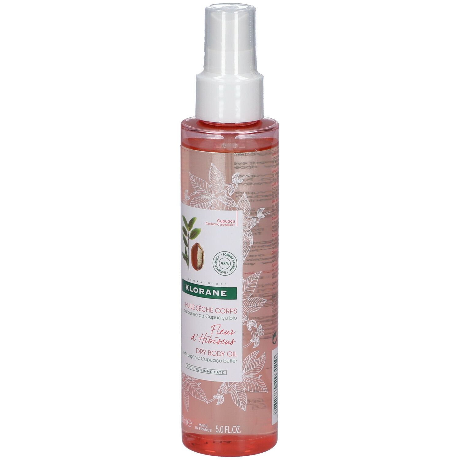 Flacon spray transparent avec tête blanche. Inscriptions: KLORANE, Huile sèche corps, Fleur d'Hibiscus. Avec certification.